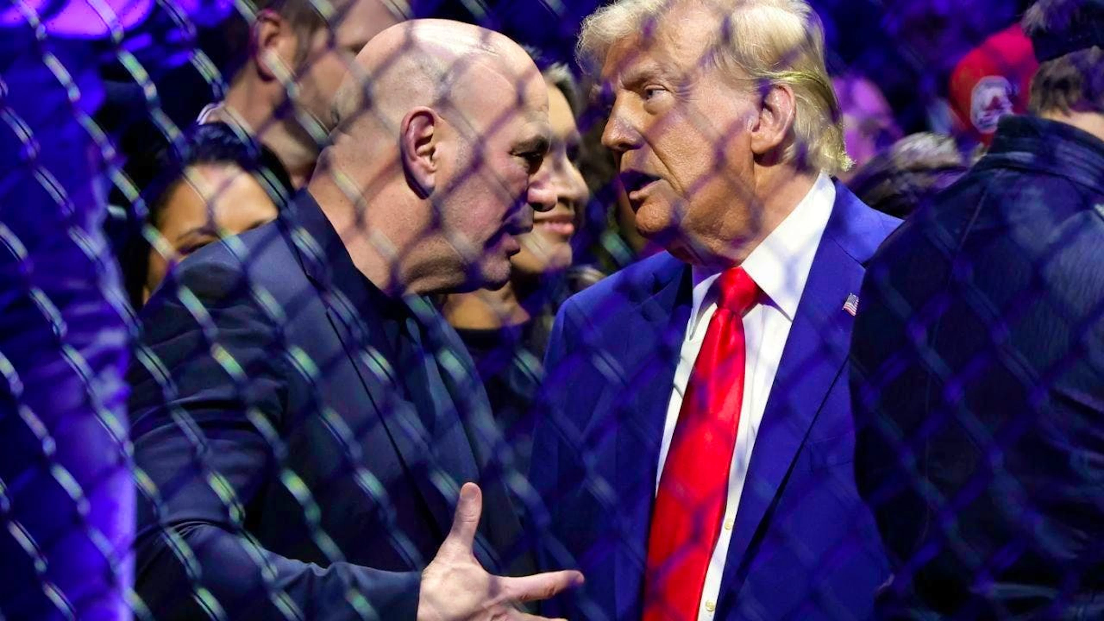 ARCHIVE – U.S. President-elect Donald Trump speaks with UFC CEO Dana White at the UFC 309 mixed martial arts event. Photo: Adam Hunger/AP/dpa