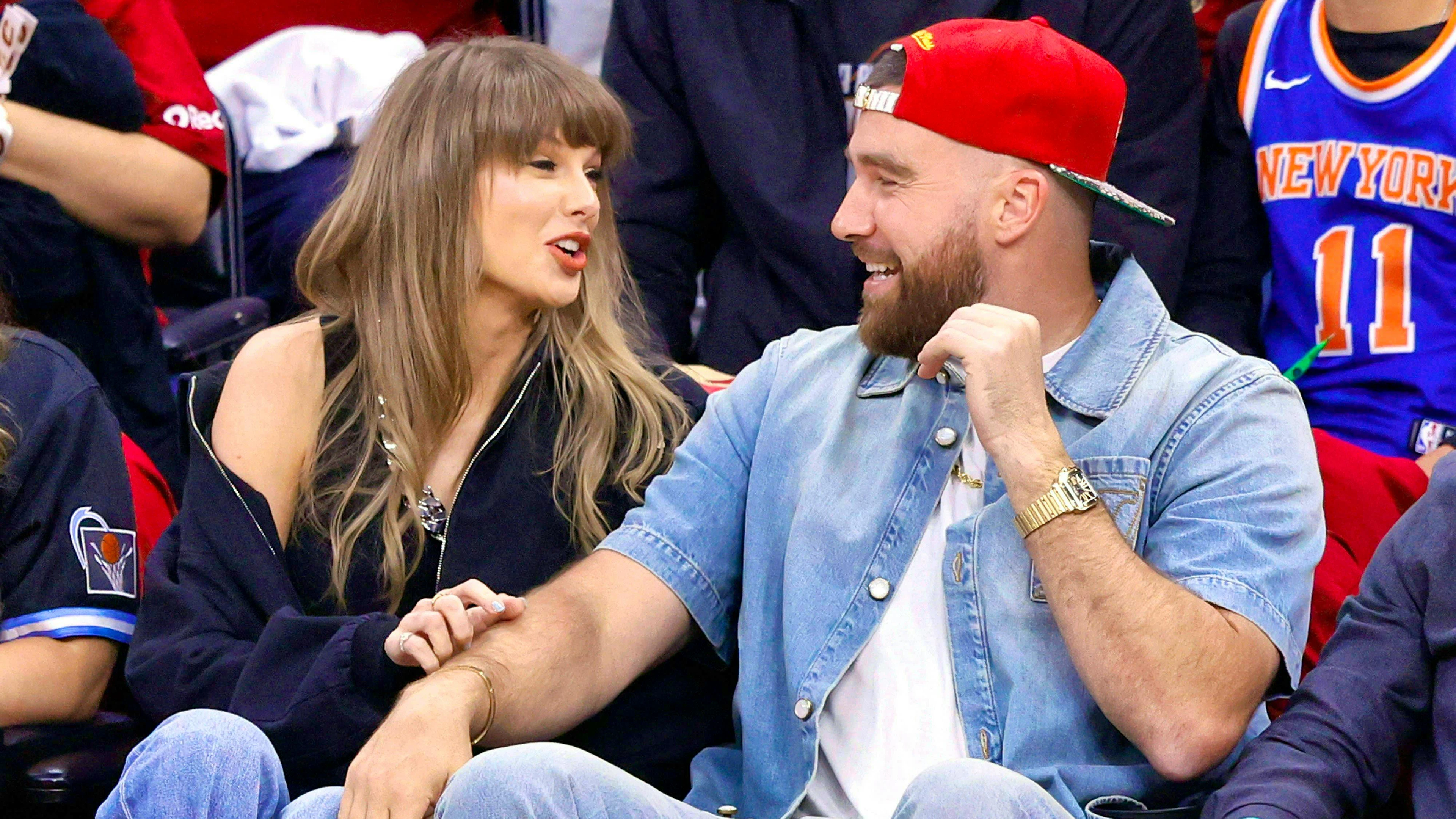 Taylor Swift and Travis Kelce at a basketball game in late May 2026. The couple’s engagement was announced in August 2025.