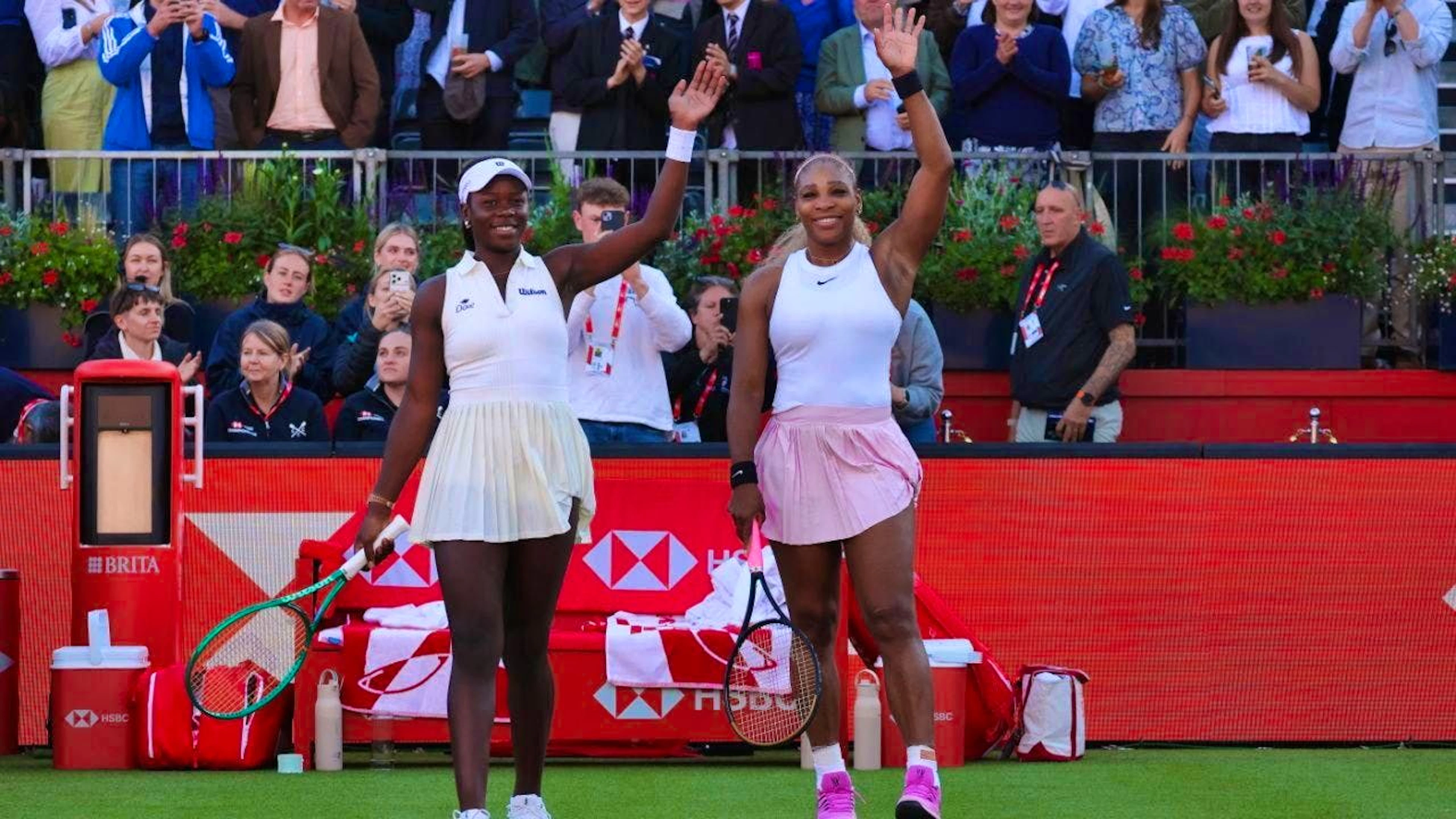 One day before her injury, Victoria Mboko (left) competed in doubles at Queen's alongside Serena Williams