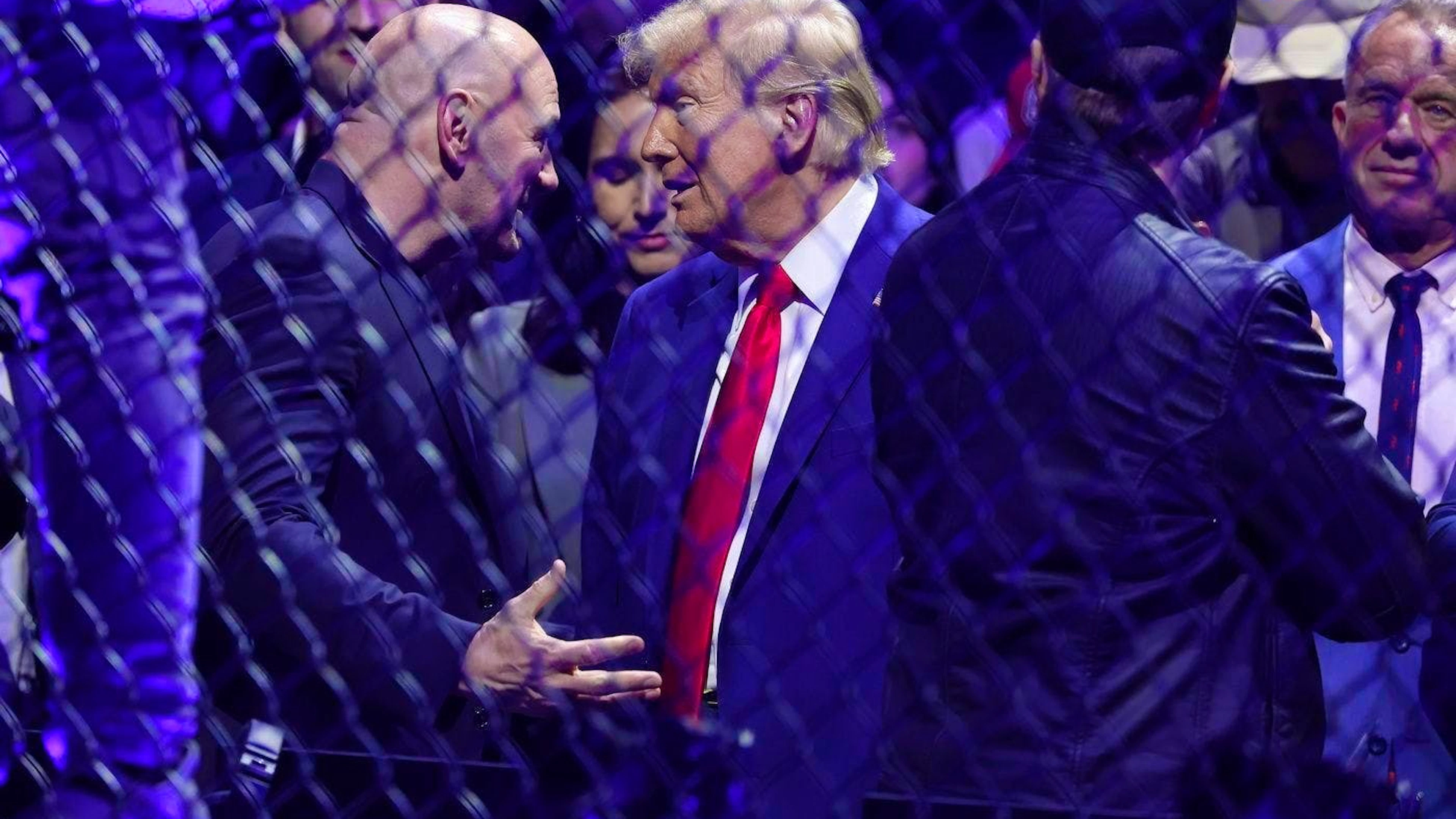 President Donald Trump talks with UFC CEO Dana White at the mixed martial arts event UFC 309 on Saturday, November 16, 2024, in New York.