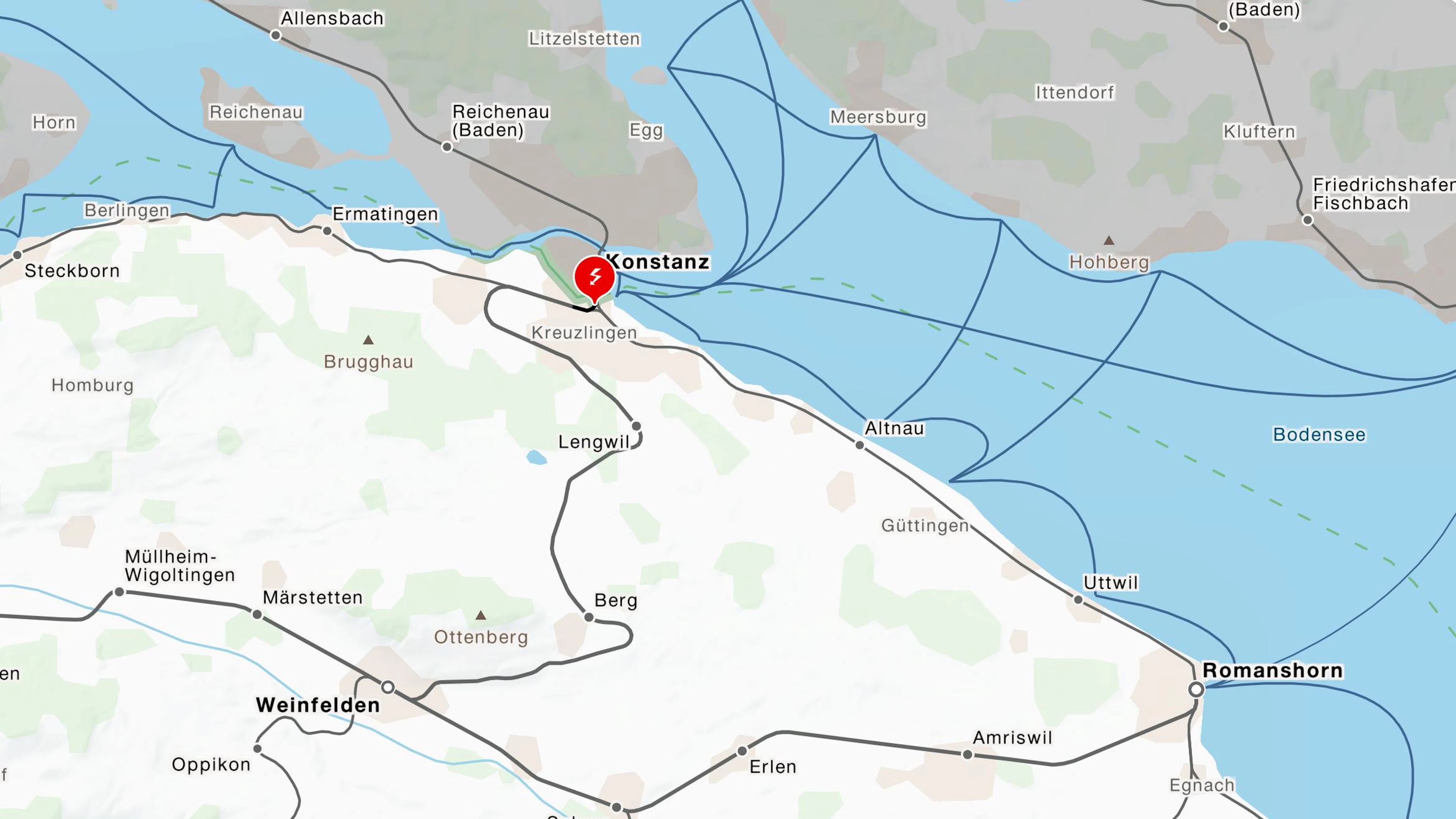 Die SBB melden, der Bahnverkehr sei zwischen Kreuzlingen TG und Konstanz D unterbrochen.