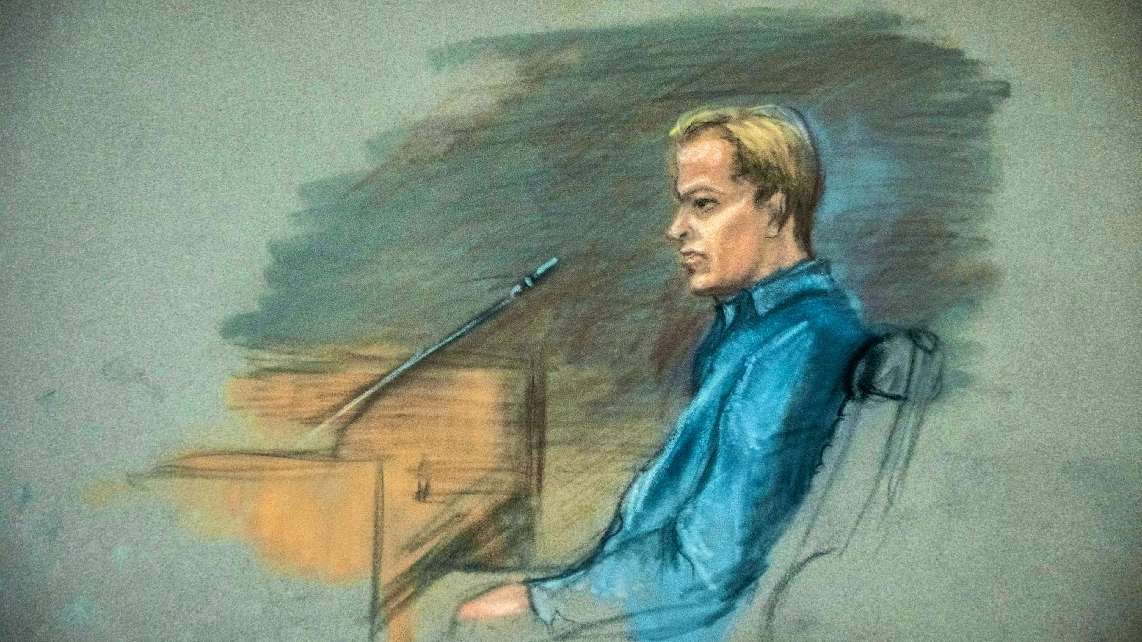 Marius Borg Høiby, seen here in a courtroom sketch, followed the sentencing from prison. (File photo)