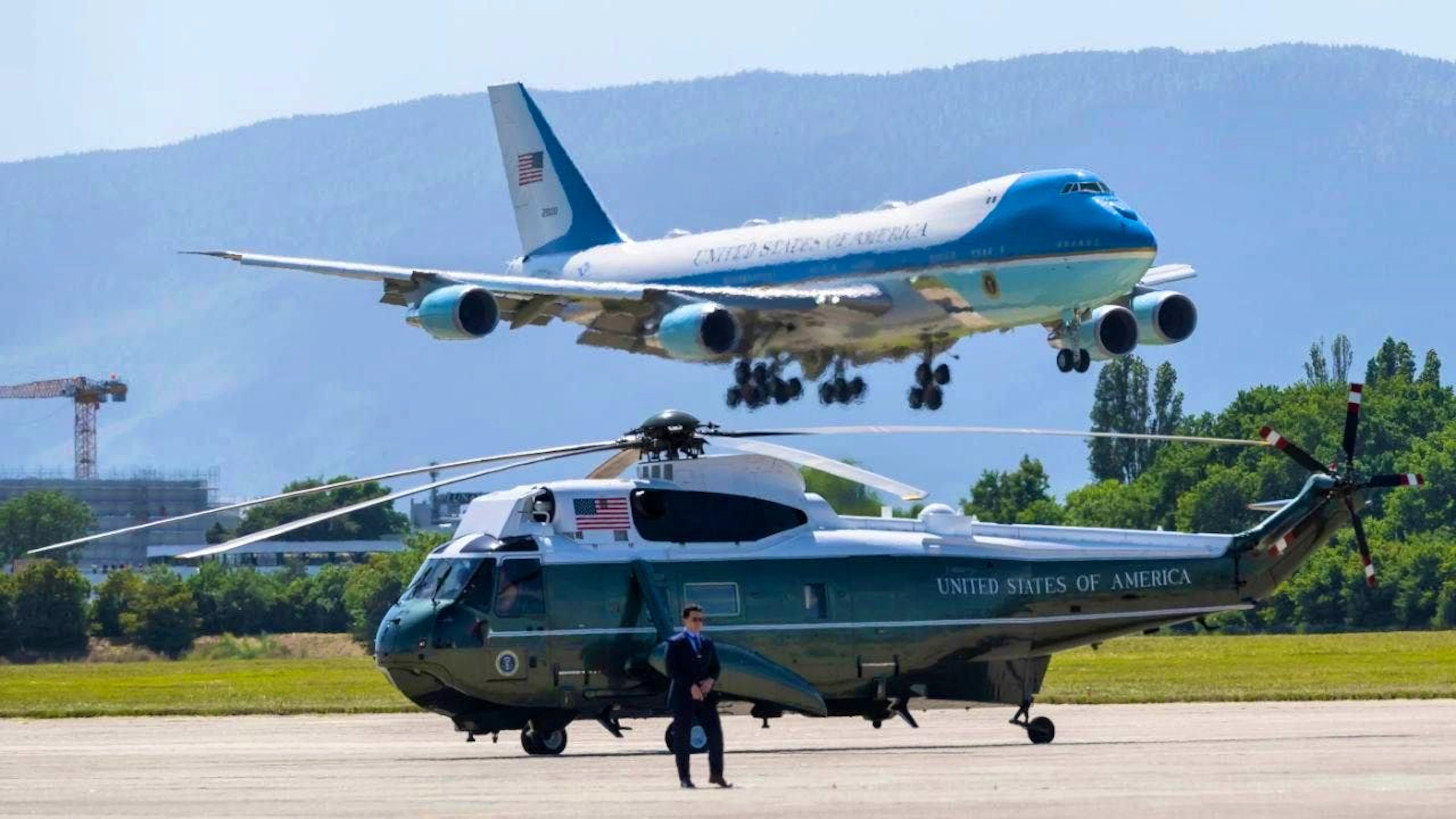 On Monday, several of U.S. President Donald Trump’s planes were on the tarmac at Geneva Airport.