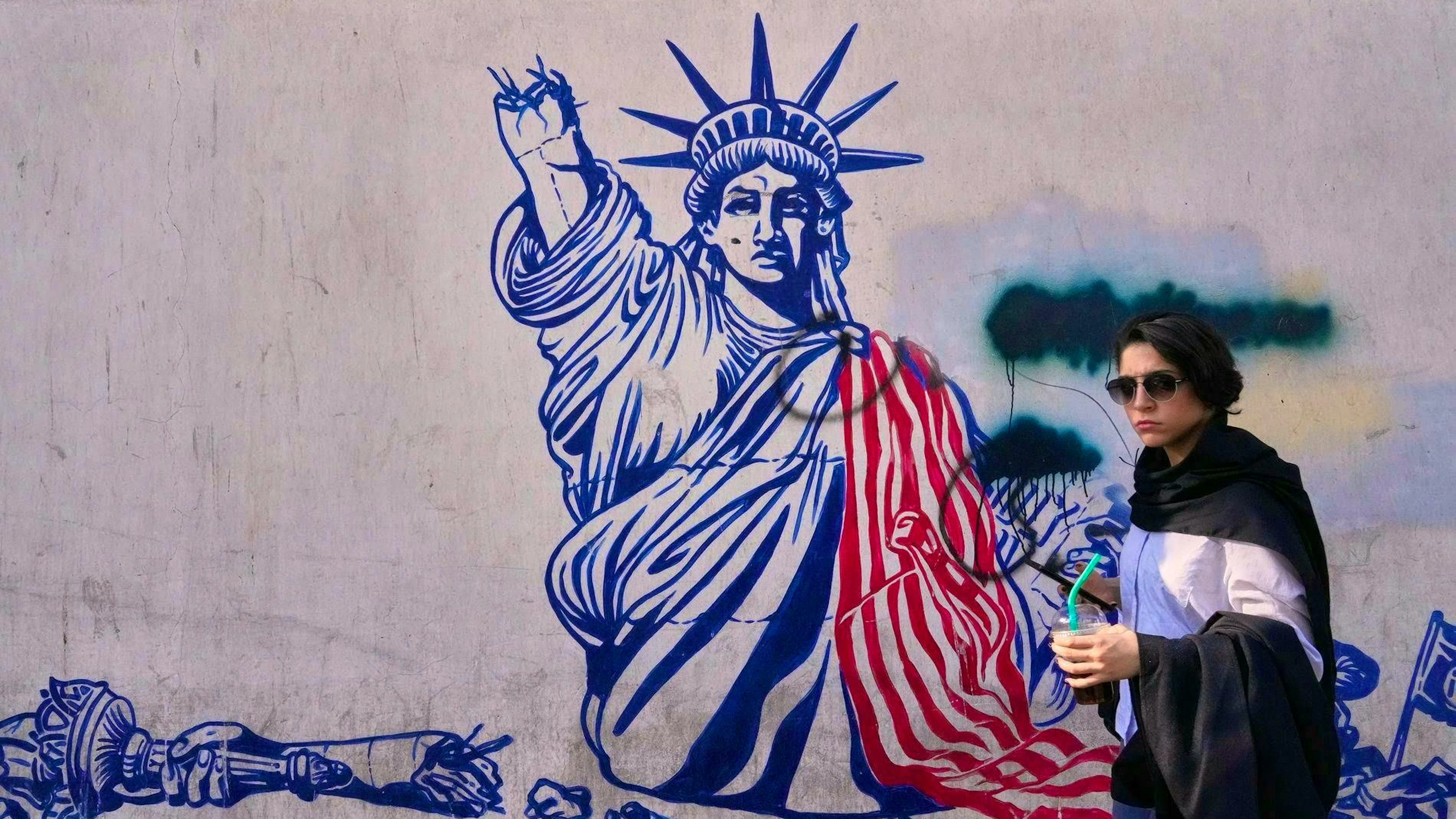 Anti-American propaganda on the wall of the former U.S. Embassy—now a museum—in Tehran. (June 12, 2026)