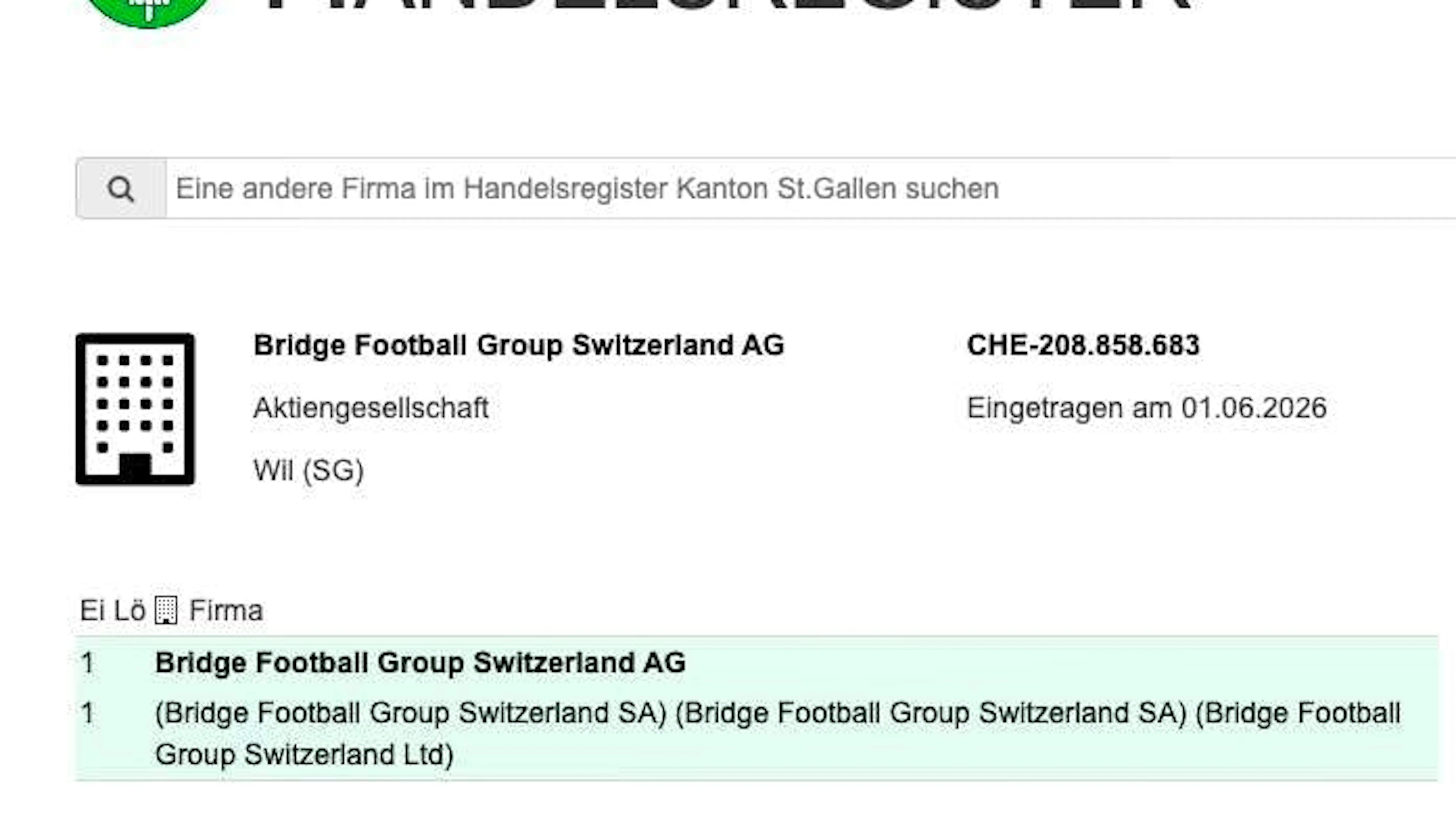 Bridge Football Group Switzerland AG is already registered in the commercial register in Wil, St. Gallen.