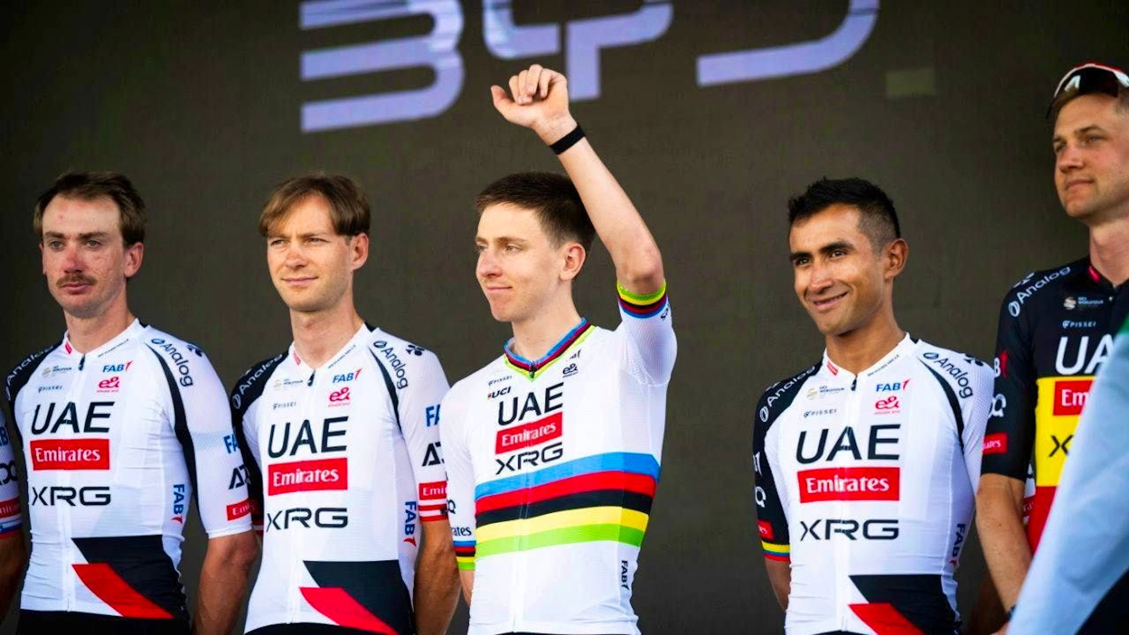 World Champion Tadej Pogacar at the team presentation on Tuesday evening in Sondrio