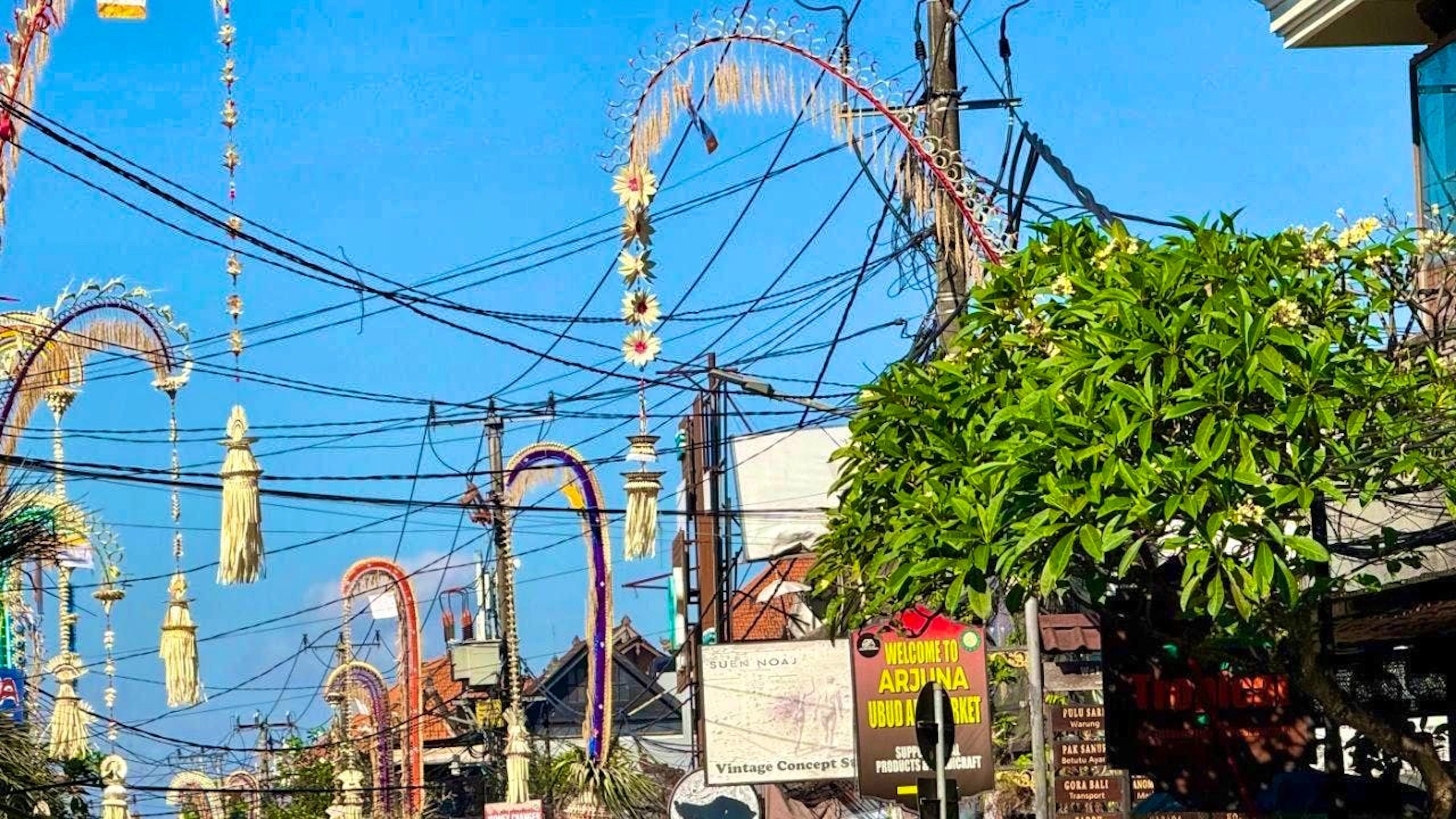 In the town of Ubud, the characteristic penjor—curved bamboo poles several meters high, decorated with palm leaves and other natural materials—are erected in front of houses, shops, and temples. Photo: Carola Frentzen/dpa