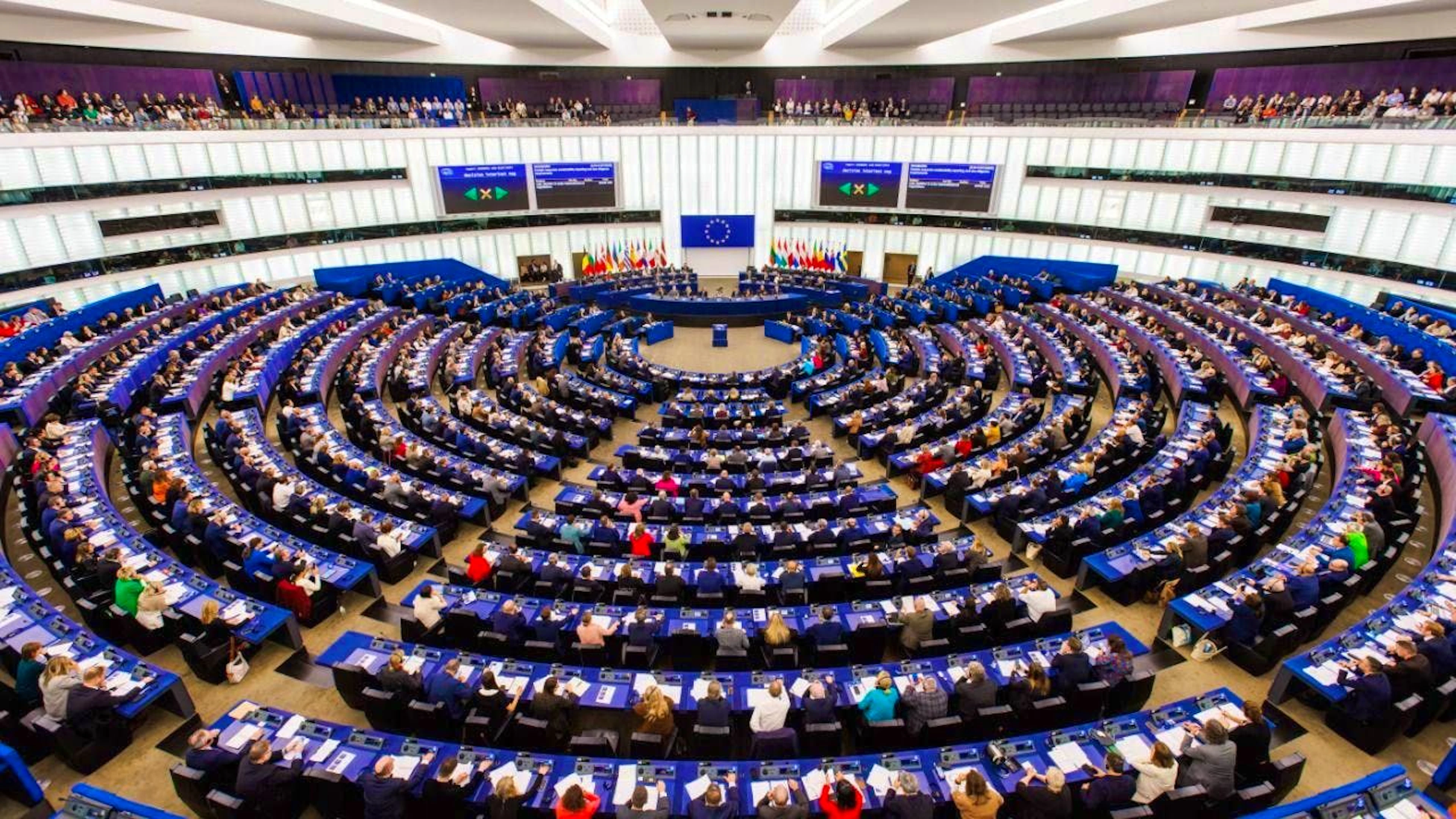 ARCHIVE – Members of the European Parliament sit in the plenary chamber of the European Parliament and cast their votes. Photo: Philipp von Ditfurth/dpa