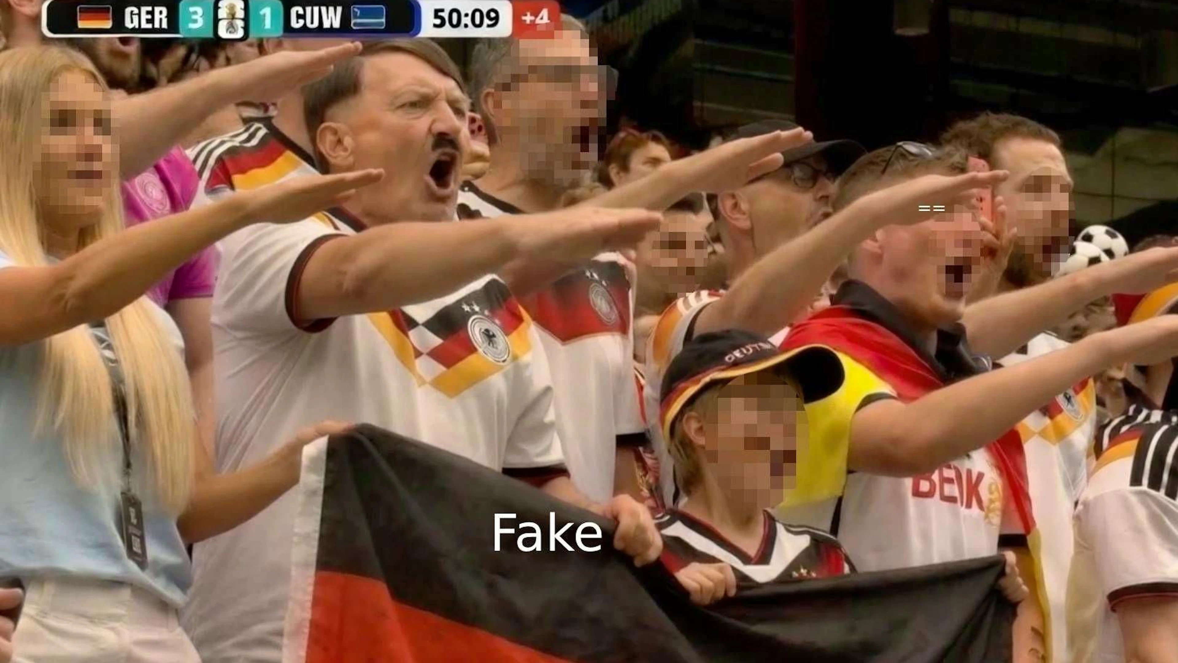 Szene aus dem KI-Video auf X, in dem deutsche Fans als Nazis diskreditiert werden, die in den USA den Hitlergruss zeigen.