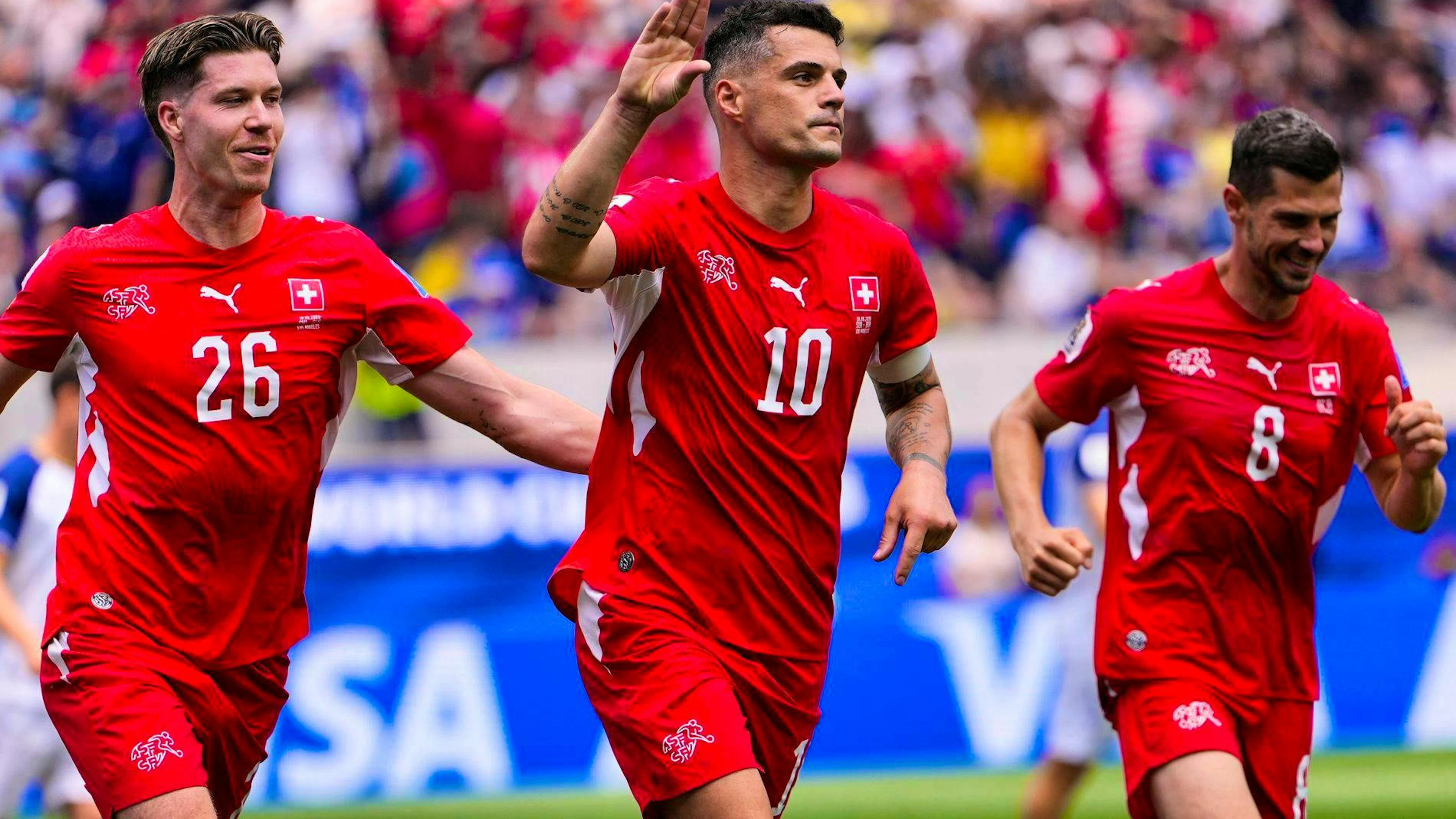 Granit Xhaka converted the penalty kick to make the final score 4–1 and made a gesture that basically said: Say whatever you want…