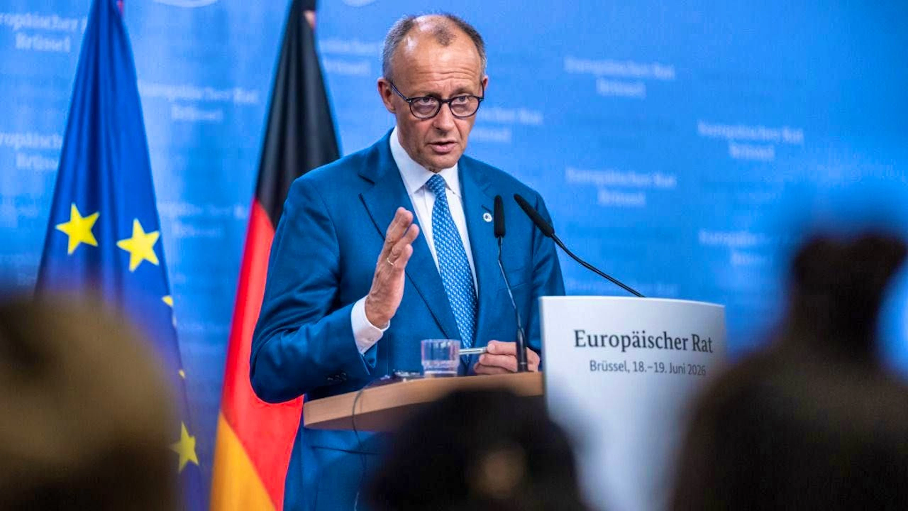 Chancellor Friedrich Merz (CDU) speaks at a press conference following discussions at the EU Summit—the meeting of EU heads of state and government—on the topic of the EU budget starting in 2028. Photo: Michael Kappeler/dpa