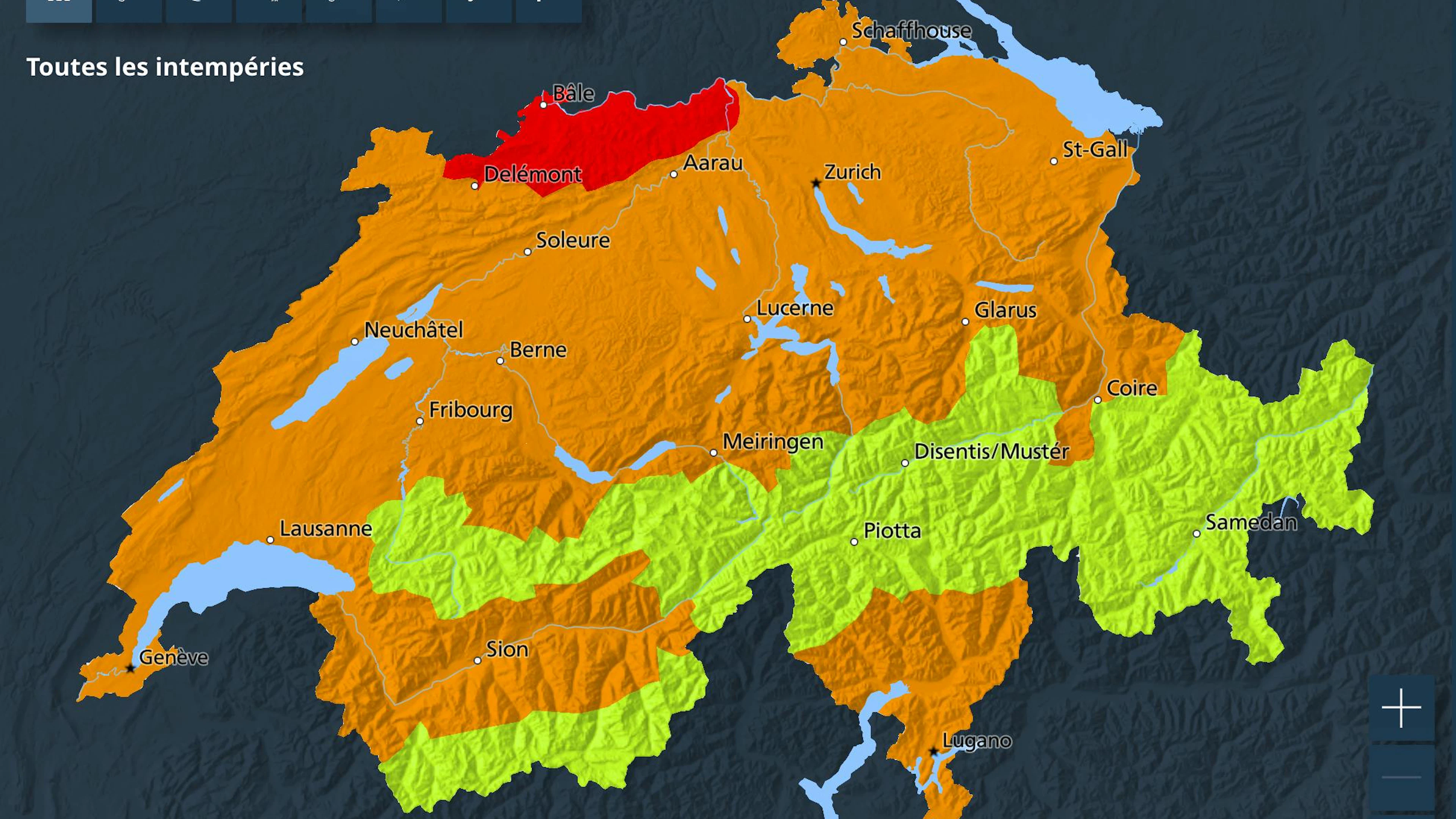 La carte des dangers de MétéoSuisse ce lundi matin.
