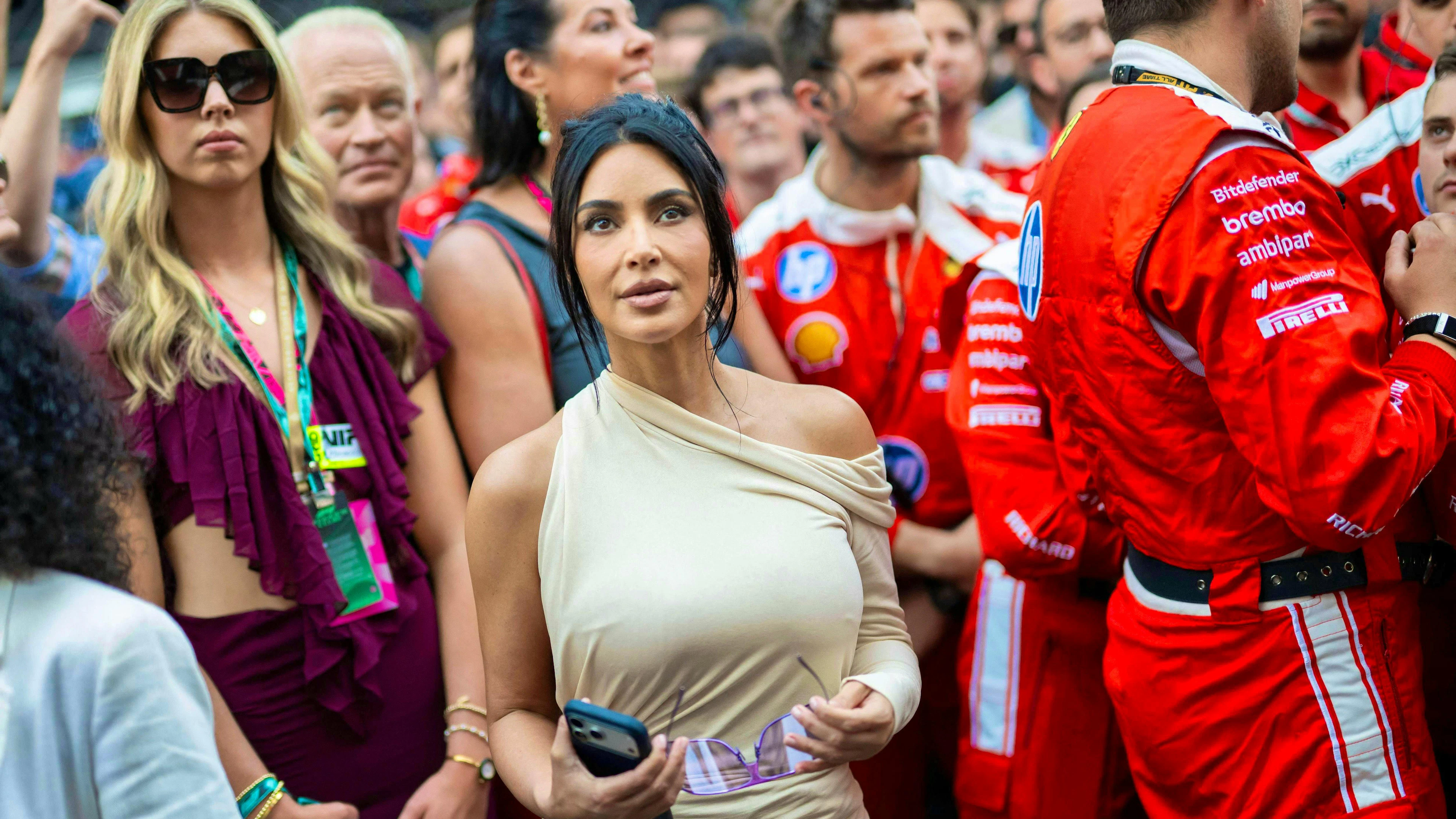 Kim Kardashian at the 2026 Monaco Grand Prix. The entrepreneur and influencer is reportedly dating Formula 1 star Lewis Hamilton.
