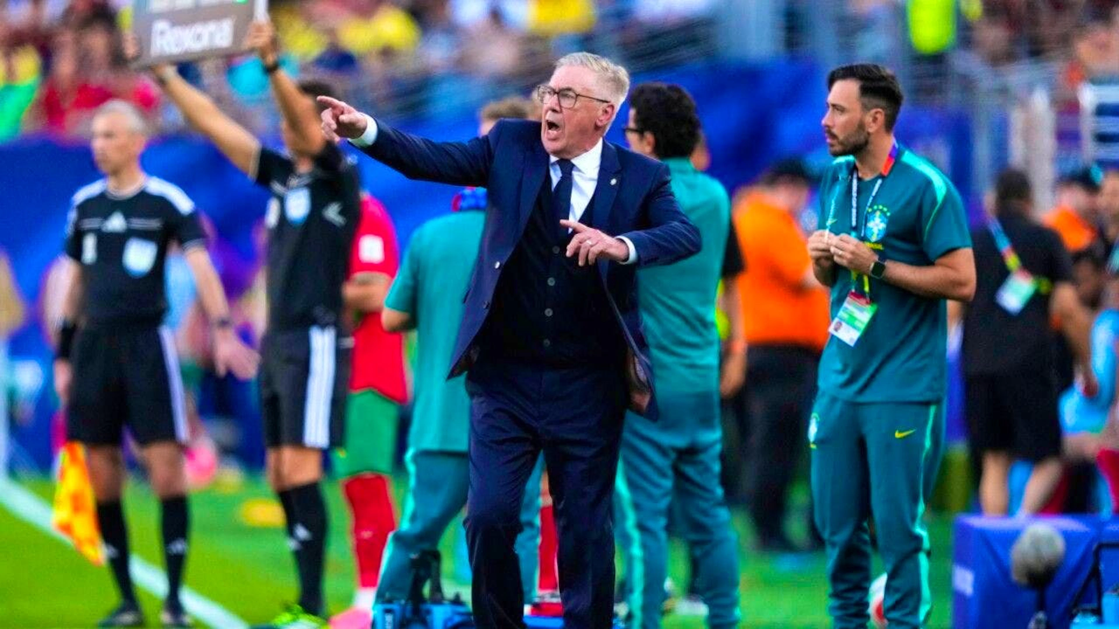 Brazil’s national team coach Carlo Ancelotti gestures from the sidelines during the World Cup match against Morocco
