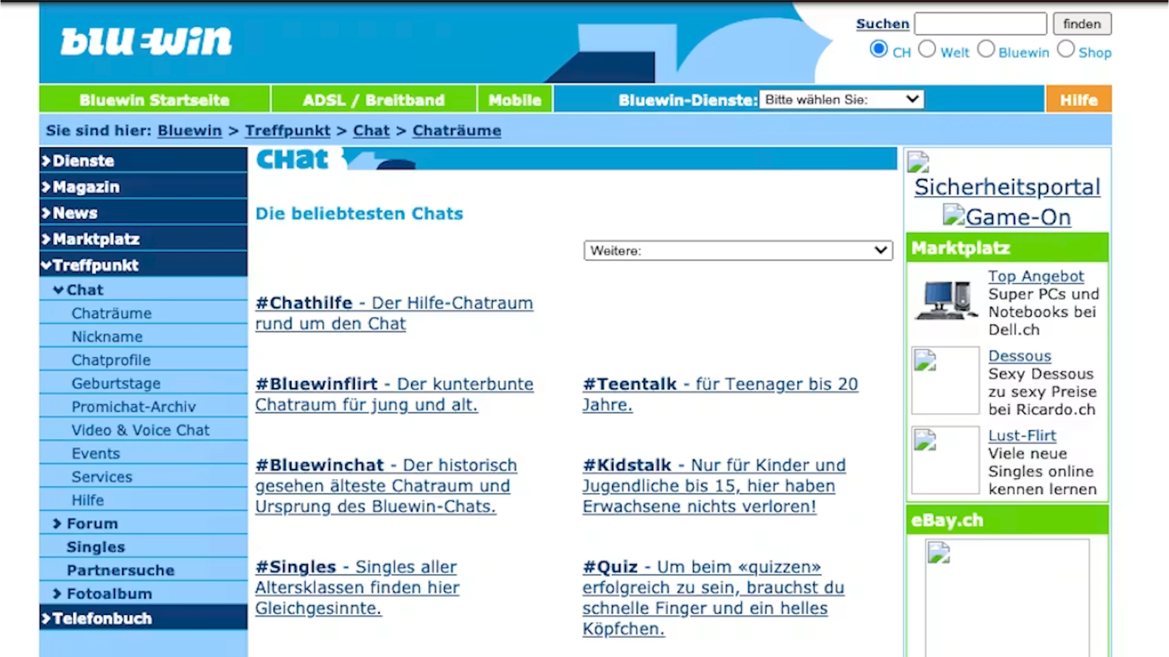 Bluewin-Startseite aus den 90er Jahren.