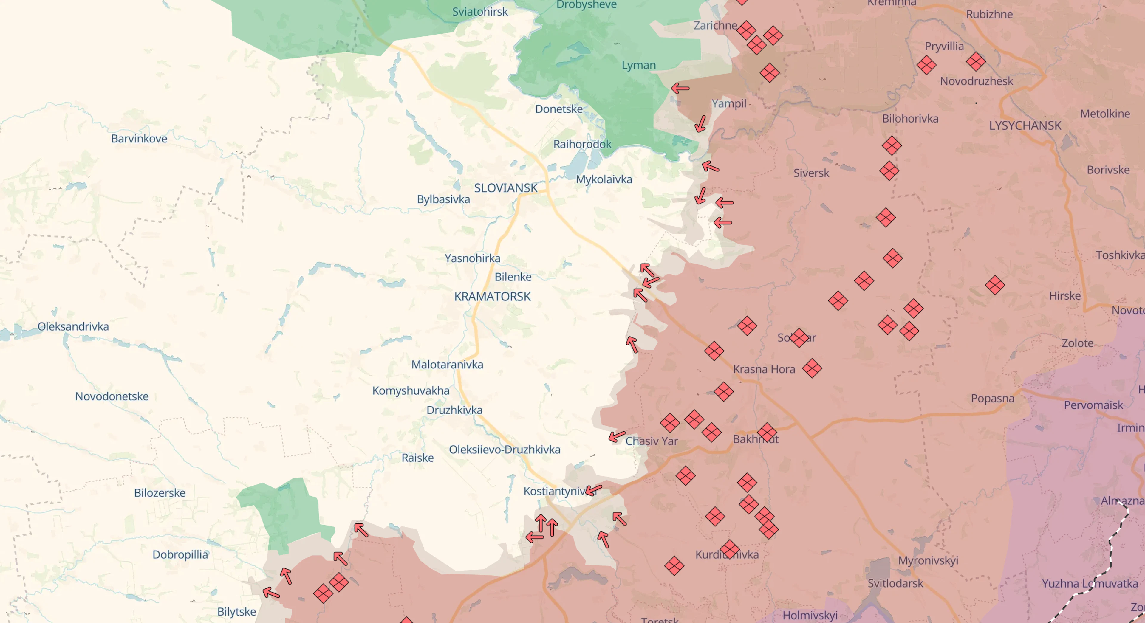 Andamento del fronte a Donetsk secondo la mappa pro-ucraina DeepStateMap: Kostyantynivka, in basso al centro dell'immagine, rischia di essere circondata.