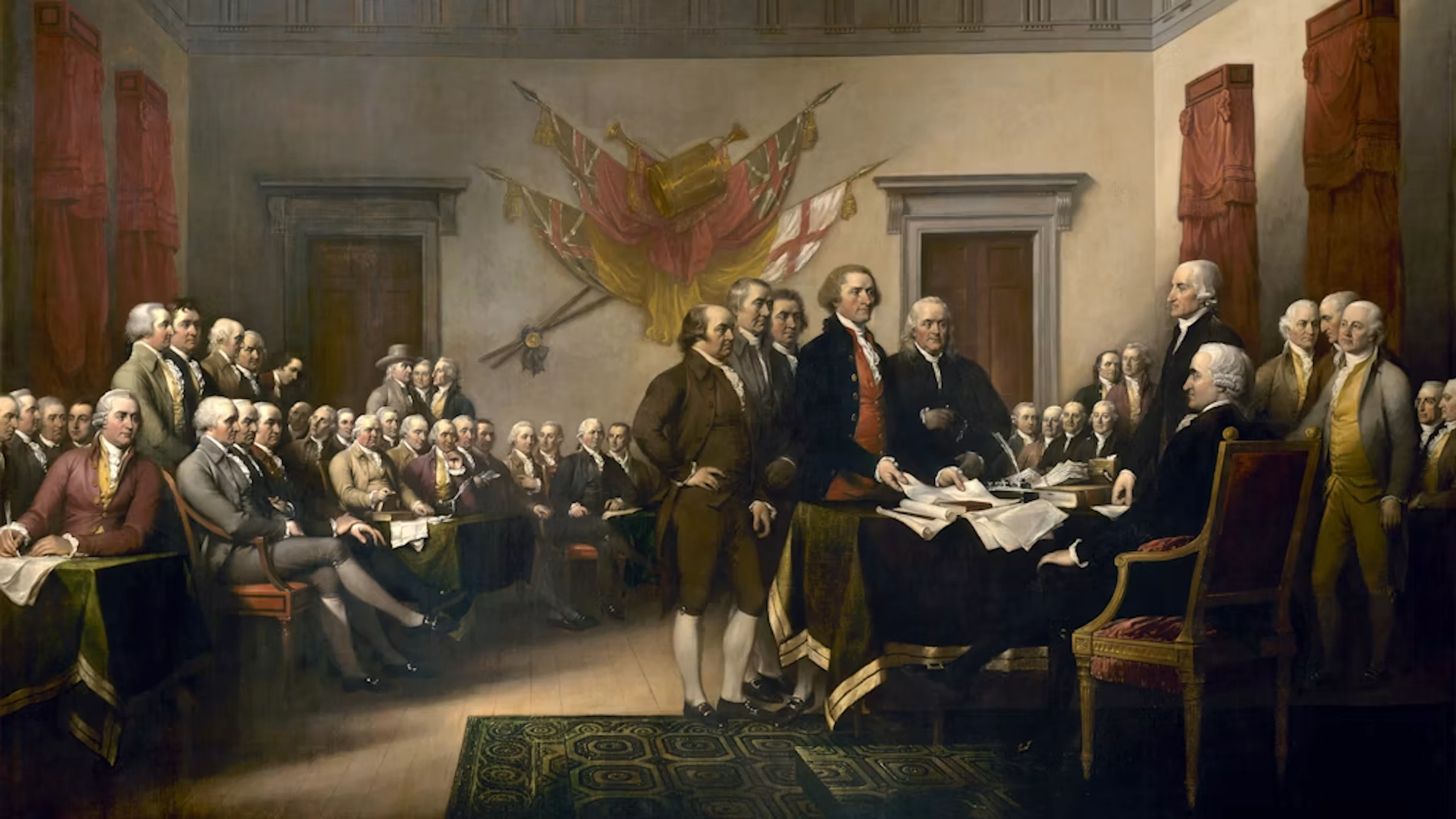 Le tableau « Declaration of Independence » de John Trumbull (1819) représente Thomas Jefferson (au centre, avec le document), John Adams (à sa gauche) et Benjamin Franklin lors de la remise du projet de Déclaration d'indépendance au Congrès continental en juin 1776.