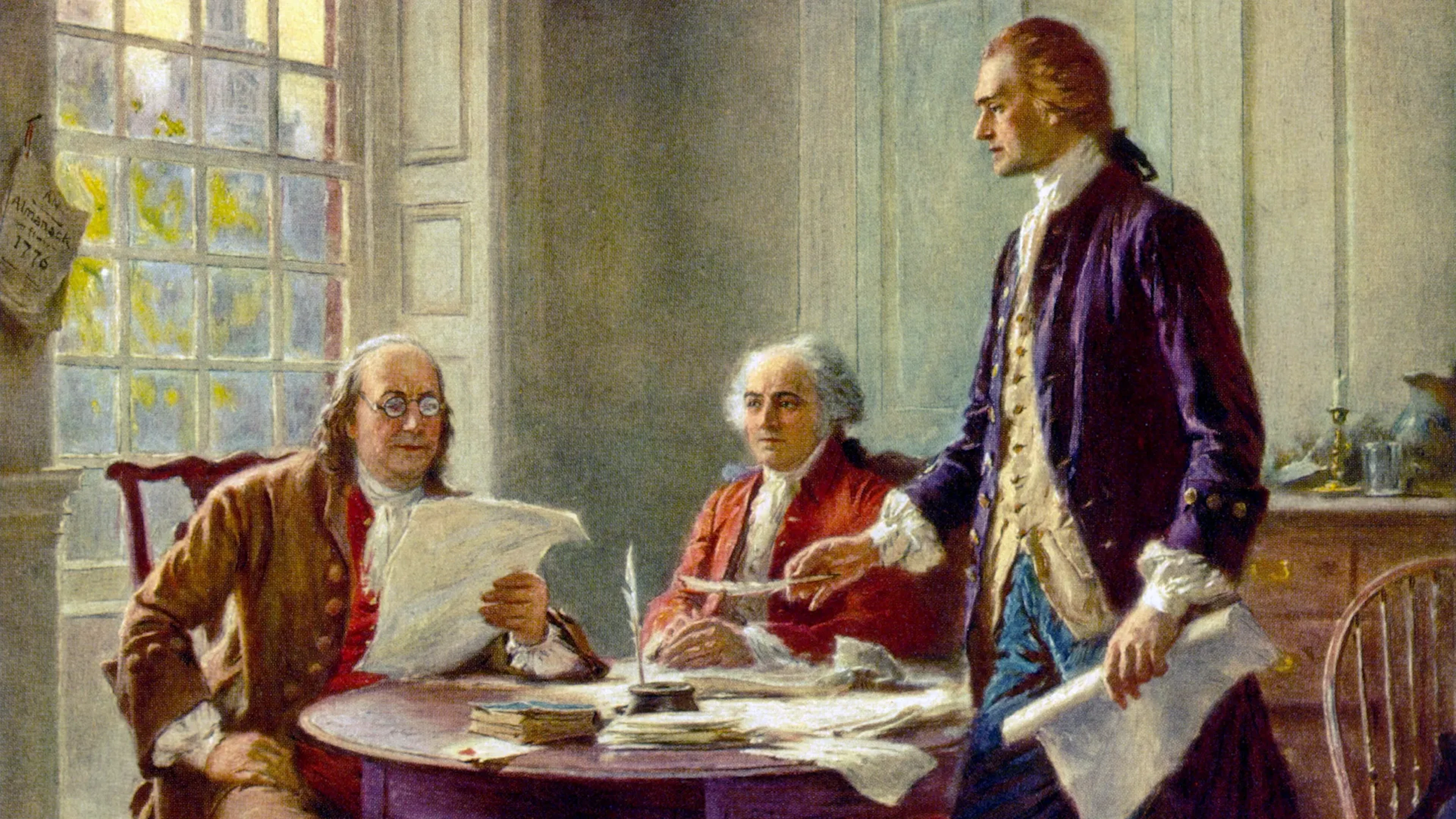 À l'époque, ils étaient encore amis : John Adams (au milieu) et Thomas Jefferson (à droite) travaillent avec Benjamin Franklin sur la Déclaration d'indépendance américaine. Tableau de Jean Léon Gérôme Ferris (1900).
