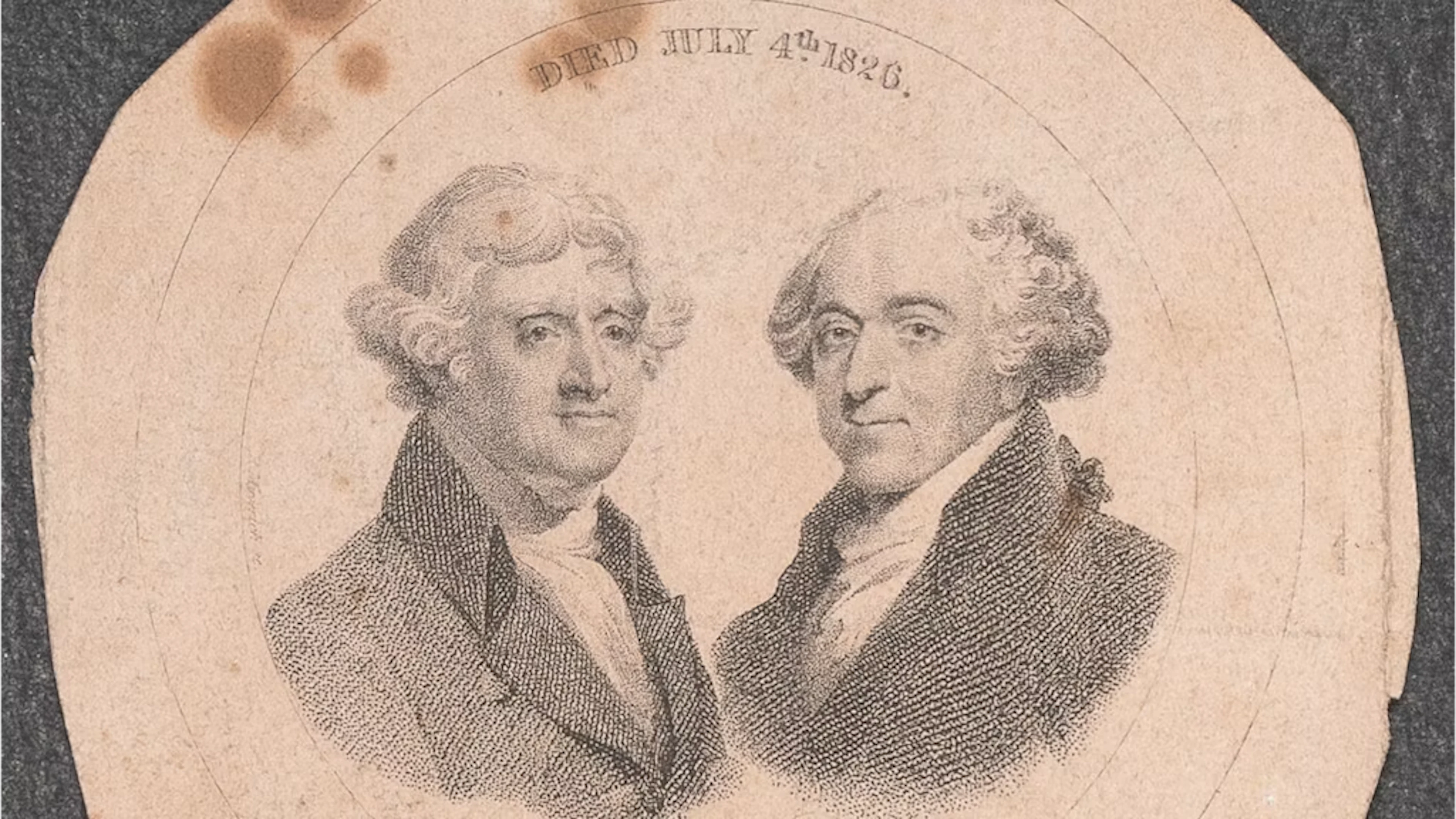 Peu après la mort de Thomas Jefferson et de John Adams, cette gravure commémorative représentant les portraits des deux pères fondateurs a été réalisée. Elle rappelle ce fait exceptionnel : tous deux sont décédés le 4 juillet 1826, jour du 50e anniversaire de l'indépendance américaine.