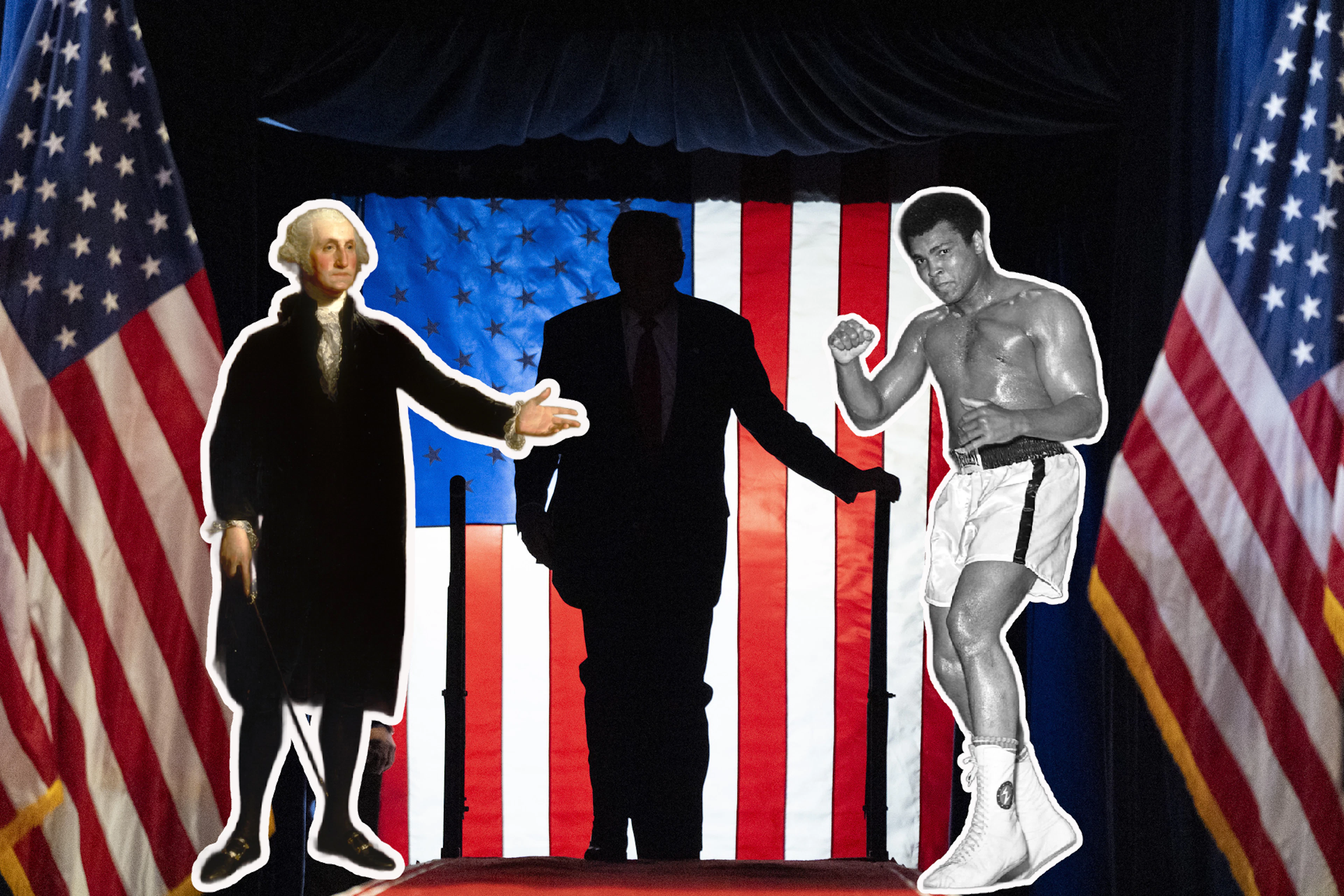 Da sinistra: George Washington, Donald Trump e Muhammad Ali – tutti loro rappresentano gli Stati Uniti.