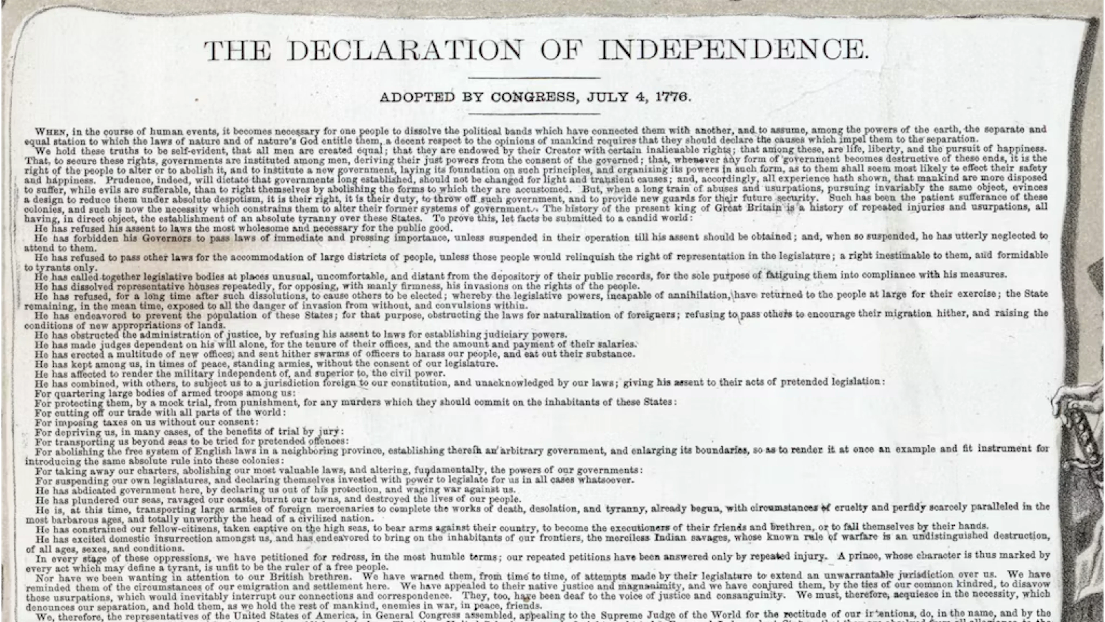 La Déclaration d'indépendance américaine de 1776 : Thomas Jefferson en rédige le premier projet, tandis que John Adams compte parmi ses principaux soutiens au sein du Congrès continental. Cette œuvre commune fait d'eux les pères fondateurs des États-Unis – bien avant qu'ils ne deviennent des rivaux politiques.