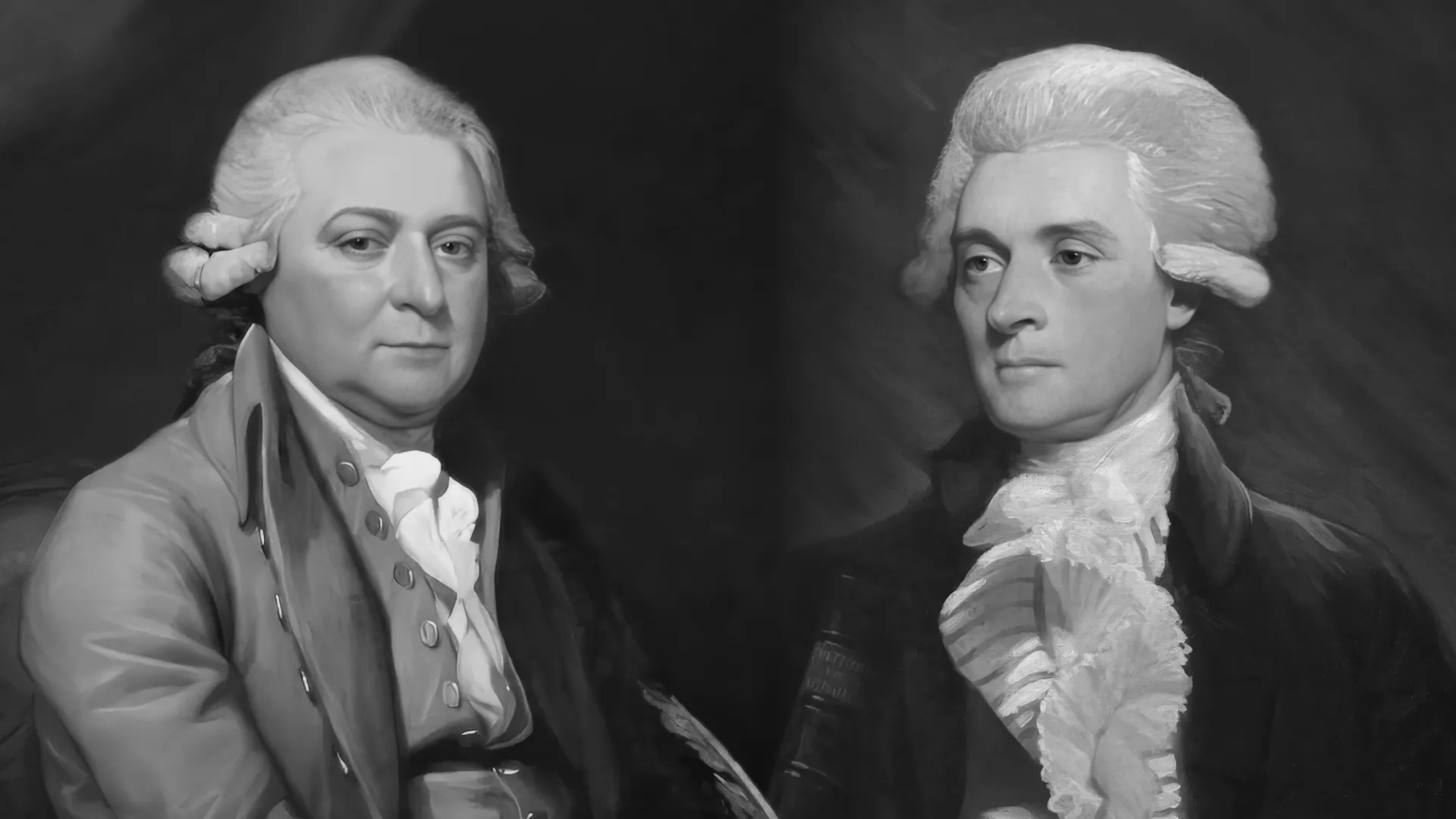 John Adams (à gauche) et Thomas Jefferson (à droite). Portraits optimisés numériquement d’après un tableau de Mather Brown. Portrait de Jefferson (1786), portrait d’Adams (1788).