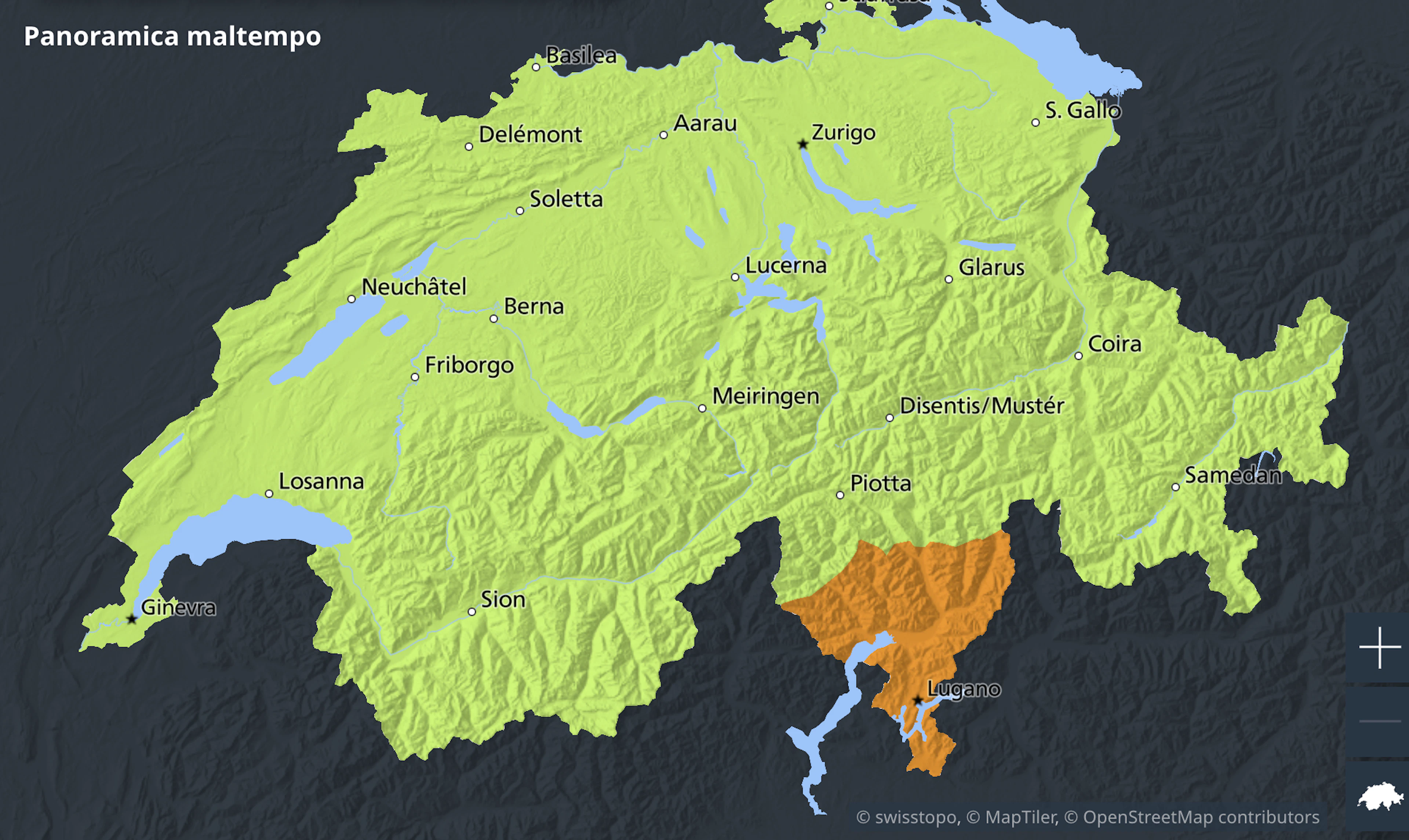 La cartina tratta dal sito web di MeteoSvizzera mostra la zona interessata dall'allerta.
