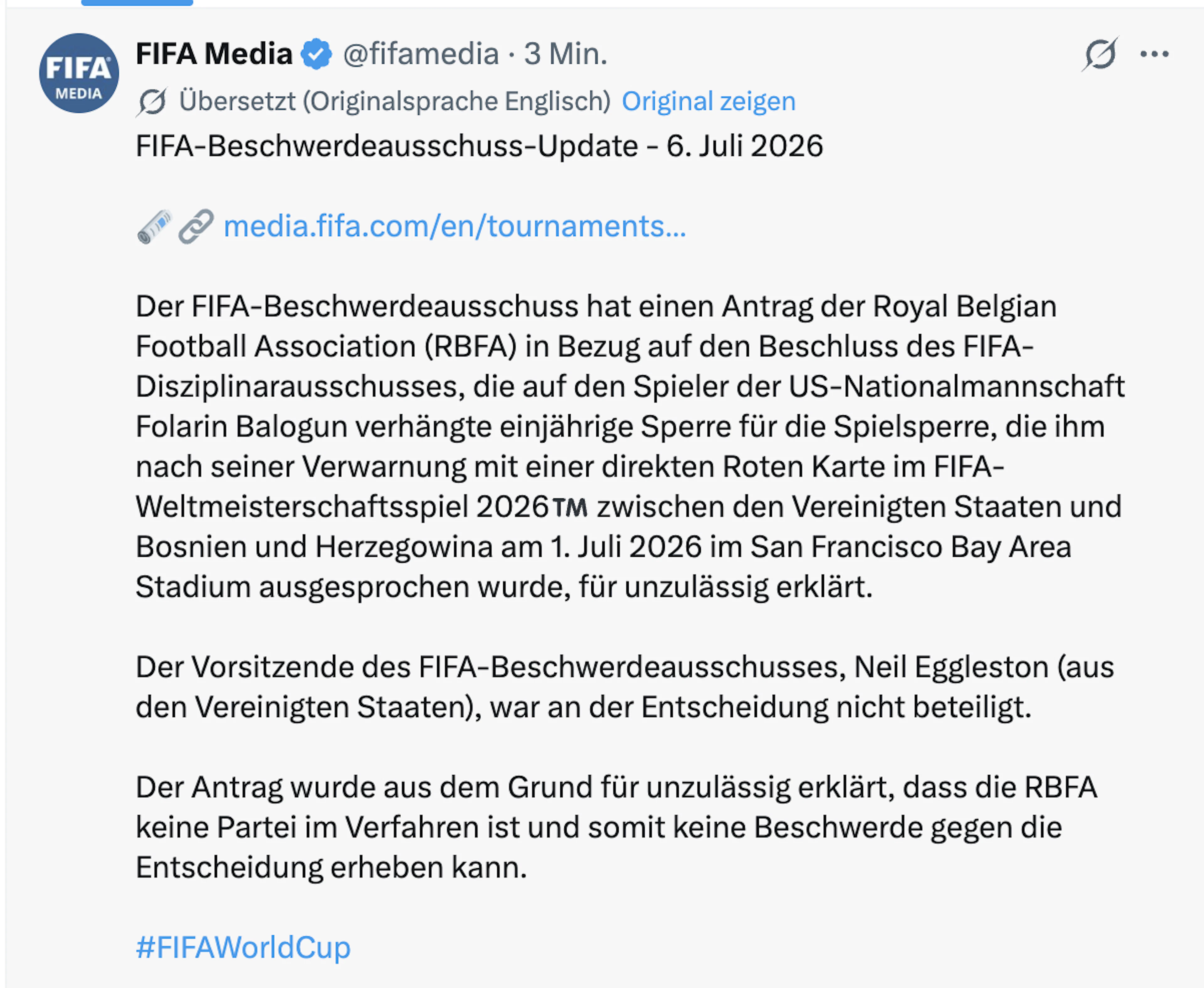 Die FIFA löschte diesen Post kurz nach Veröffentlichung wieder