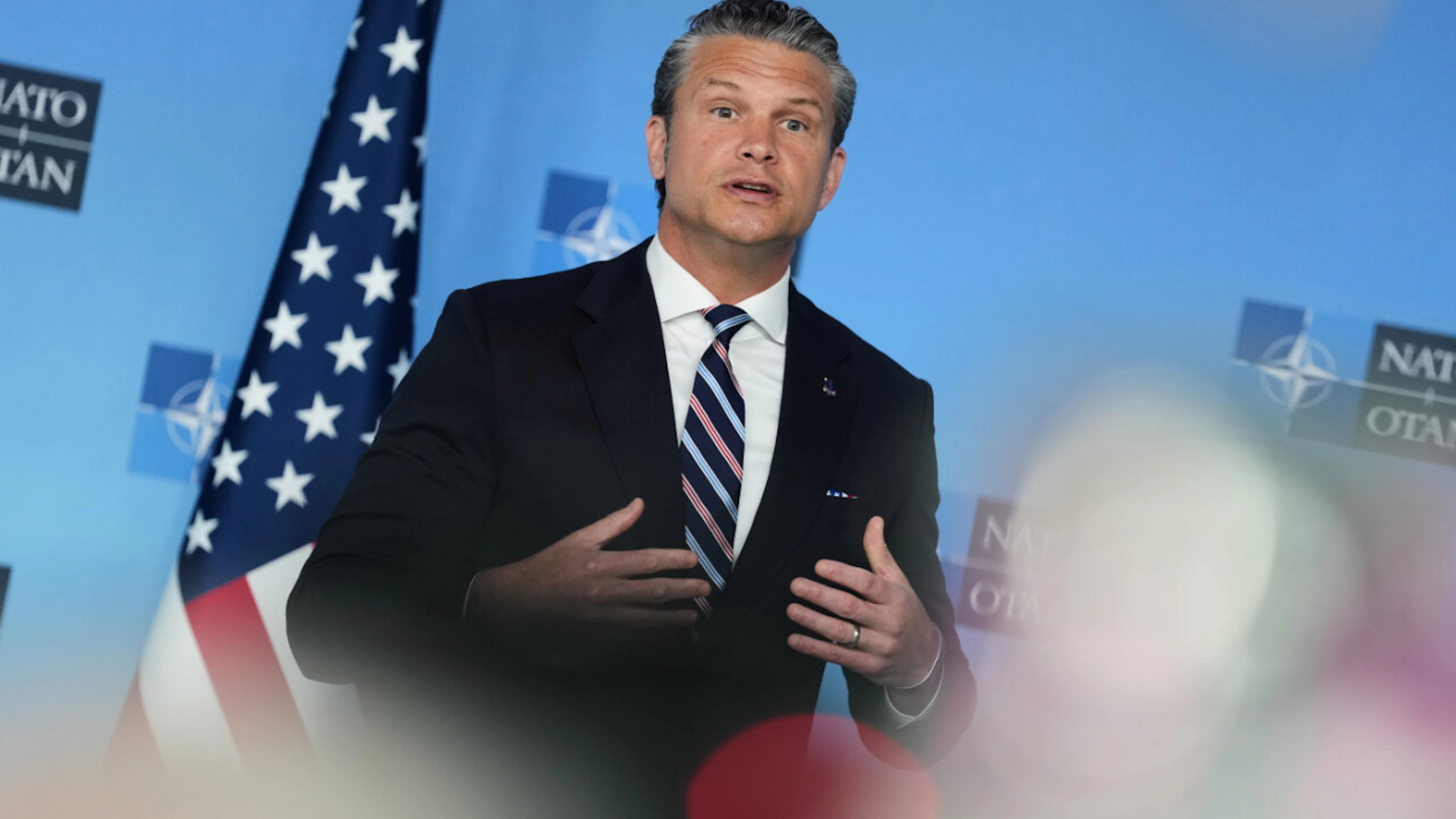 ARCHIVE – Pete Hegseth, U.S. Secretary of Defense, speaks at a press conference upon his arrival for a meeting of NATO defense ministers at NATO headquarters. Photo: Virginia Mayo/AP/dpa