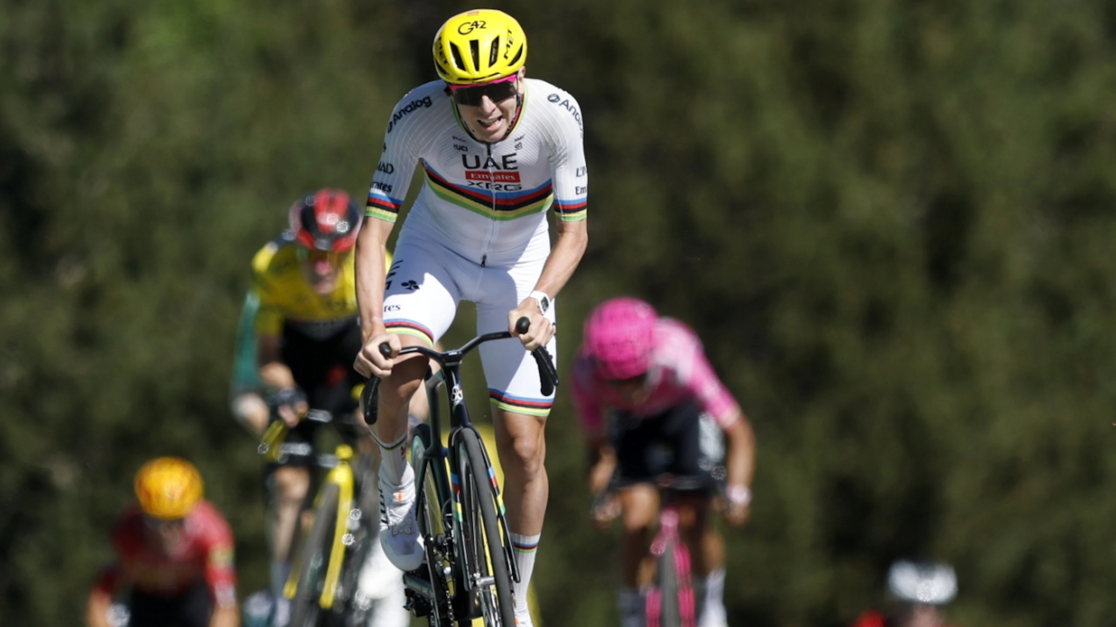Tadej Pogacar rides away from the pack
