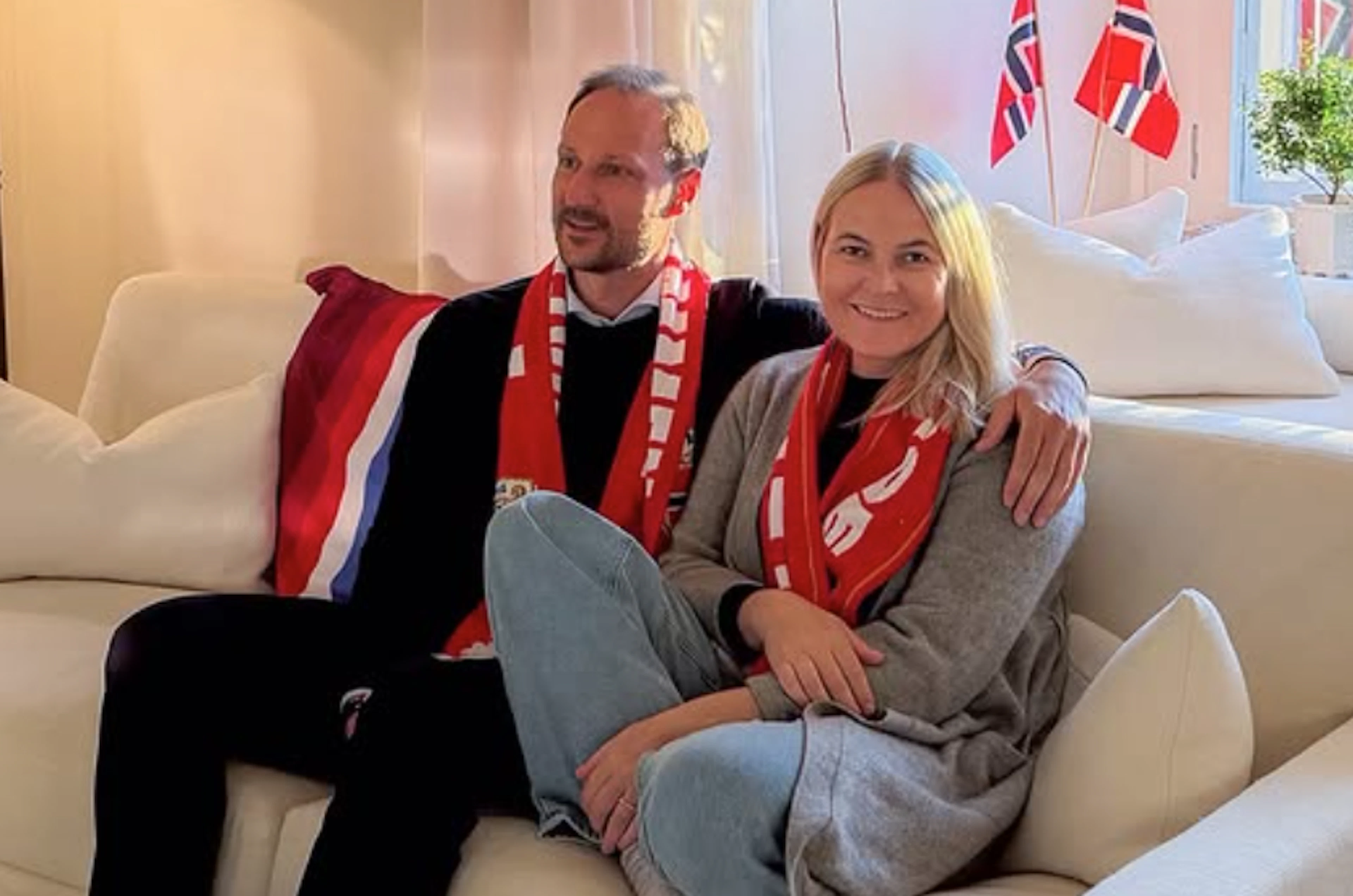 Following her lung transplant, Crown Princess Mette-Marit spent her first evening at home with her husband, Haakon, during the Norwegian national team's round of 16 match.