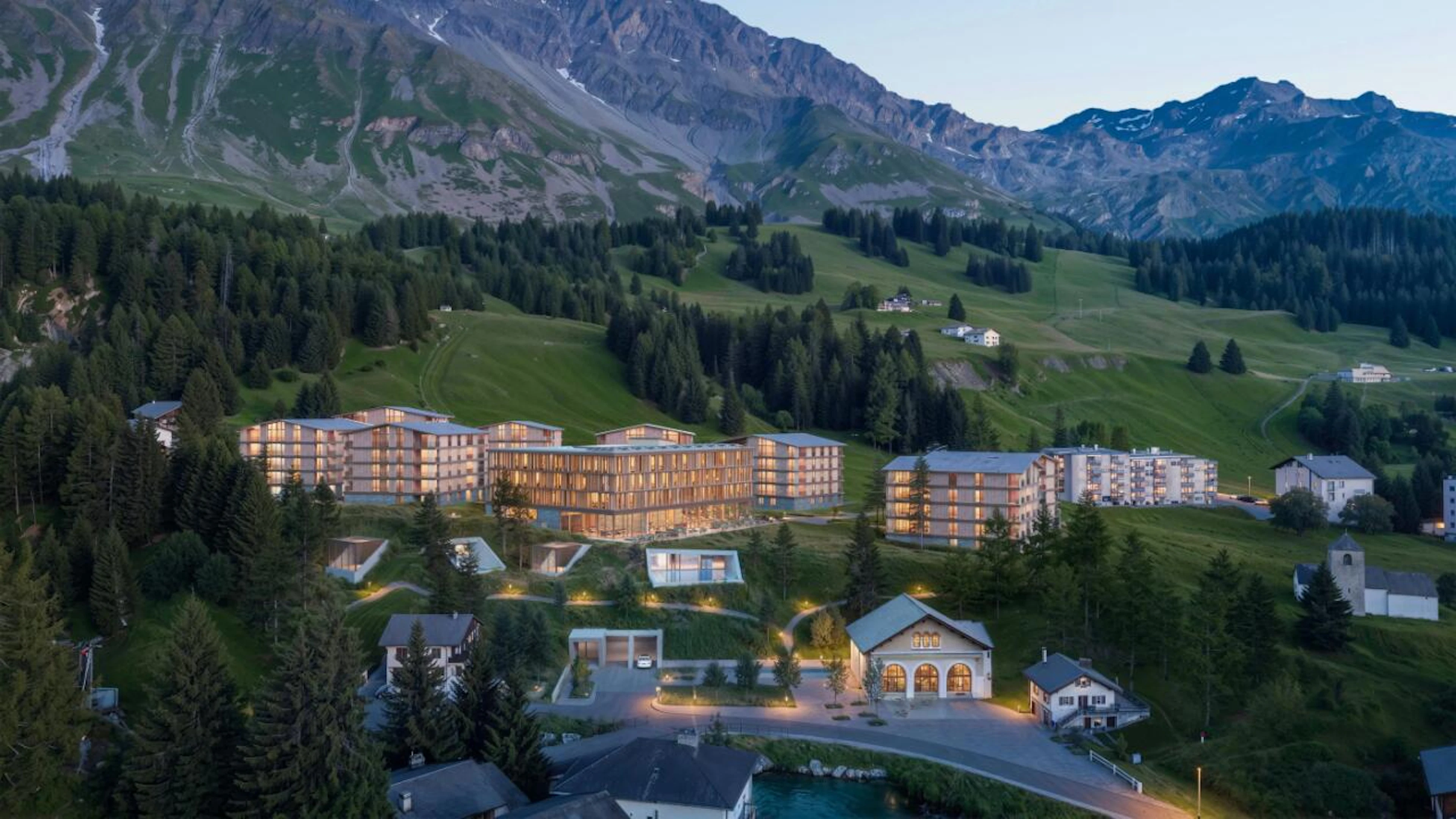 Una visualizzazione del progetto Acuforta a San Bernardino. Il comparto prevede terme, hotel, residenze e spazi pubblici attorno alla storica fonte minerale del villaggio.