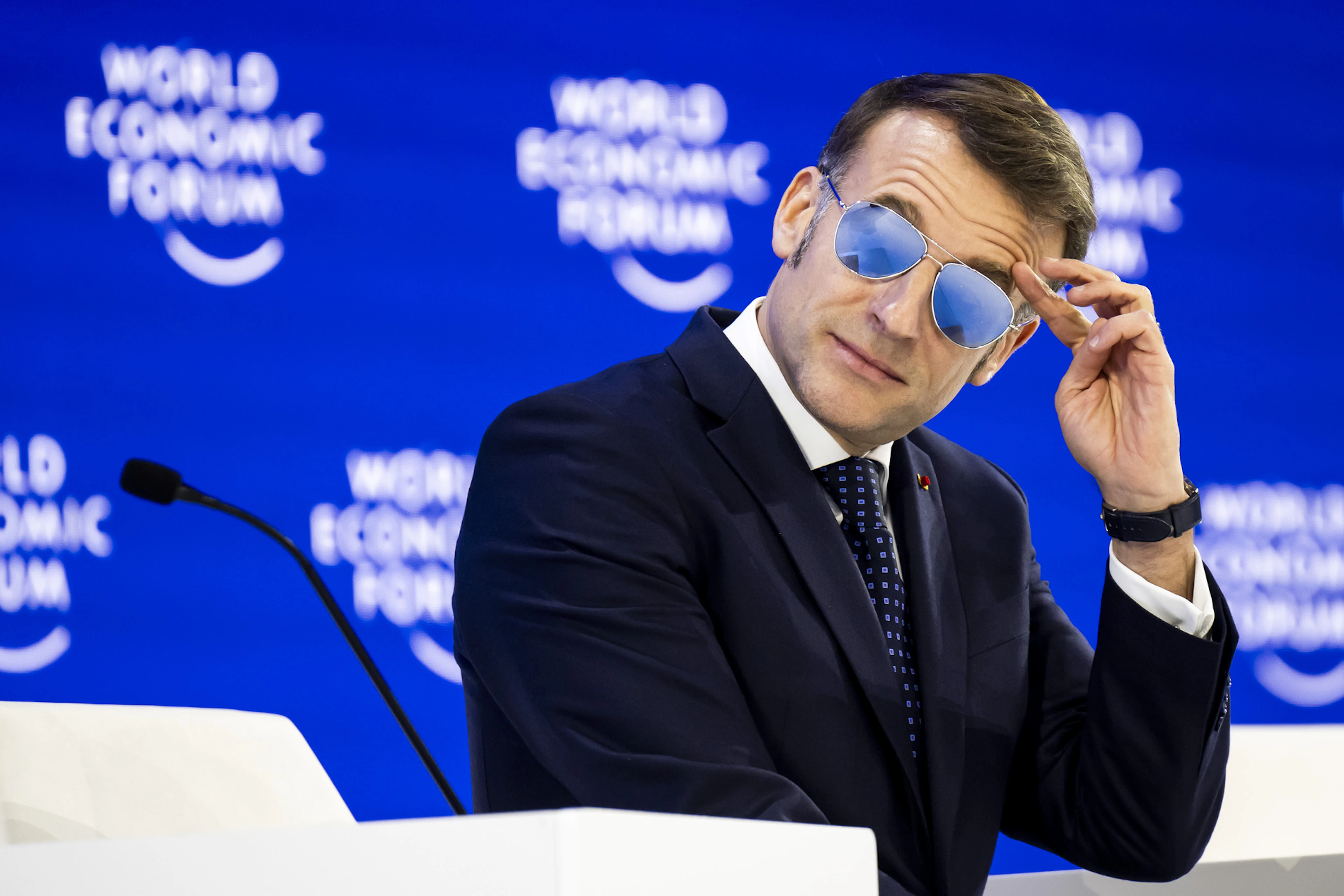 French President Emmanuel Macron during a plenary session at the World Economic Forum (WEF) in Davos in 2026.