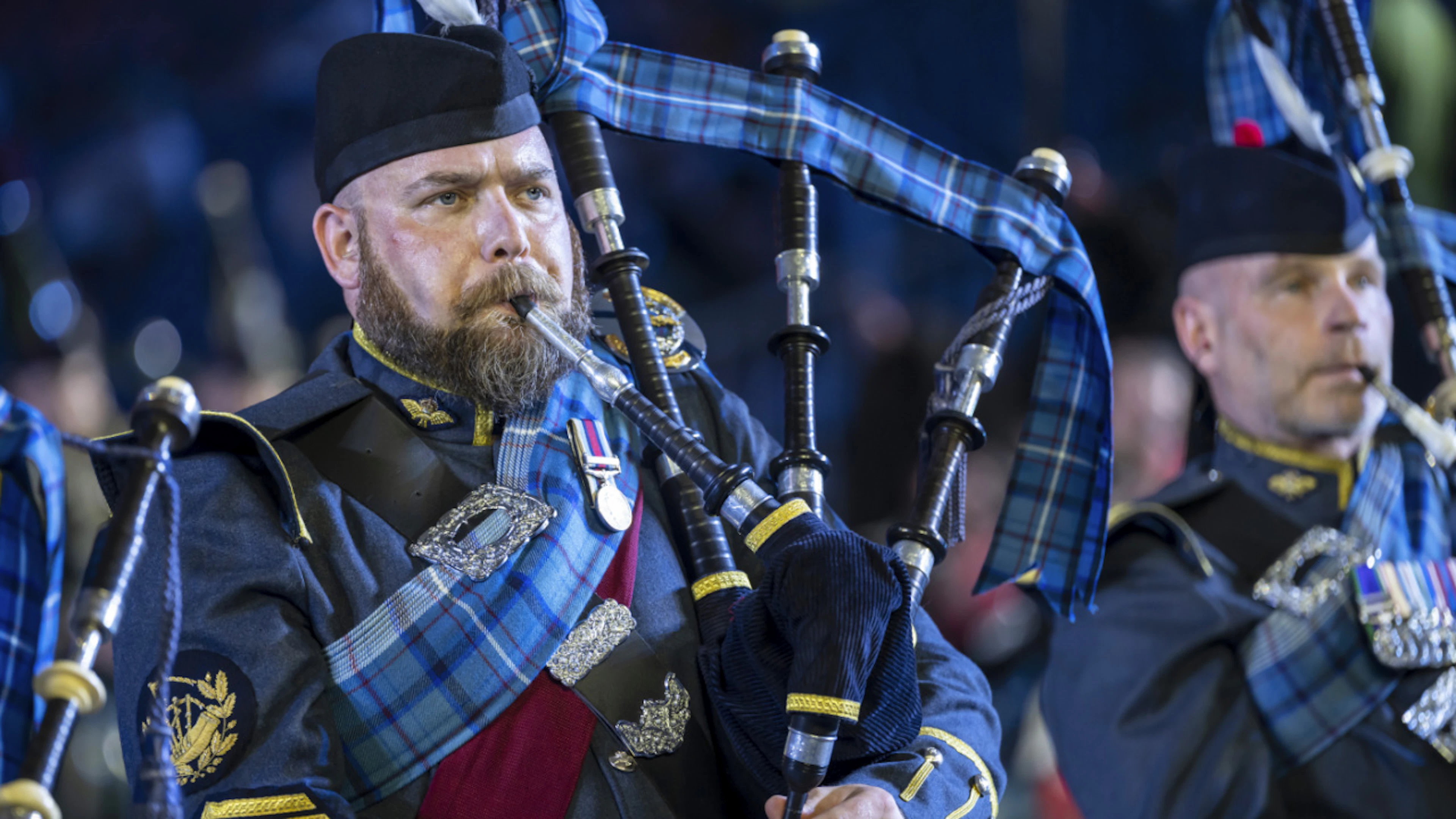 The Massed Pipes and Drums (International) at the final rehearsal for the 2026 Basel Tattoo in Basel.