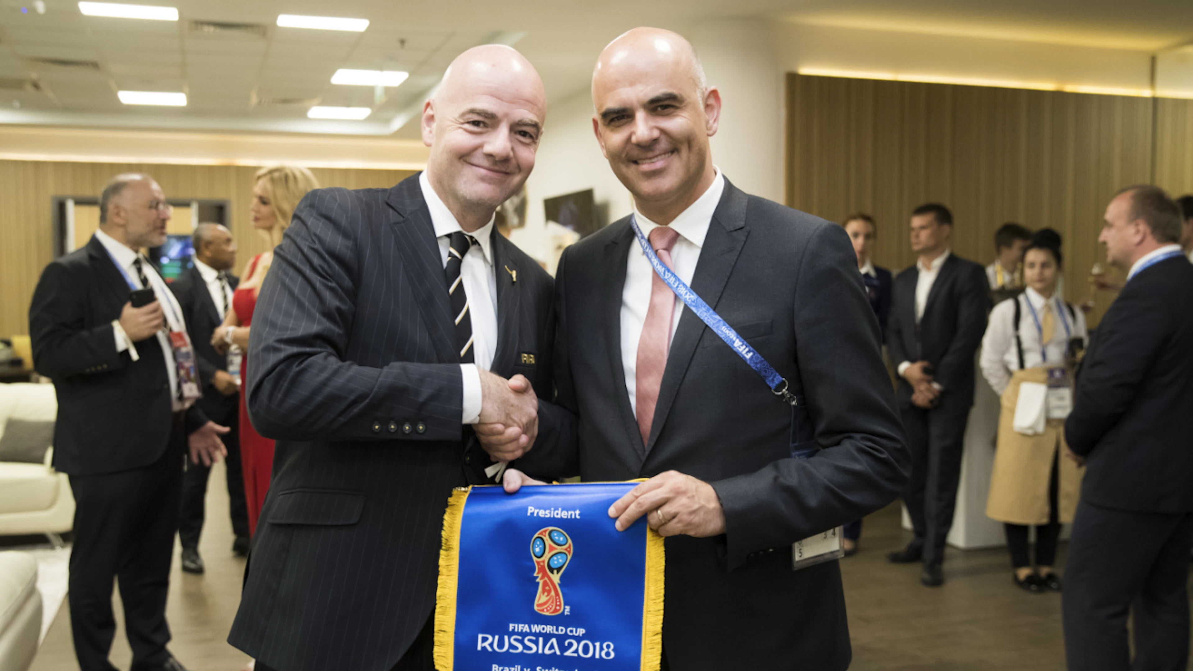 Alain Berset, then a member of the Federal Council, with FIFA President Gianni Infantino before the Switzerland–Brazil game at the 2018 World Cup in Russia