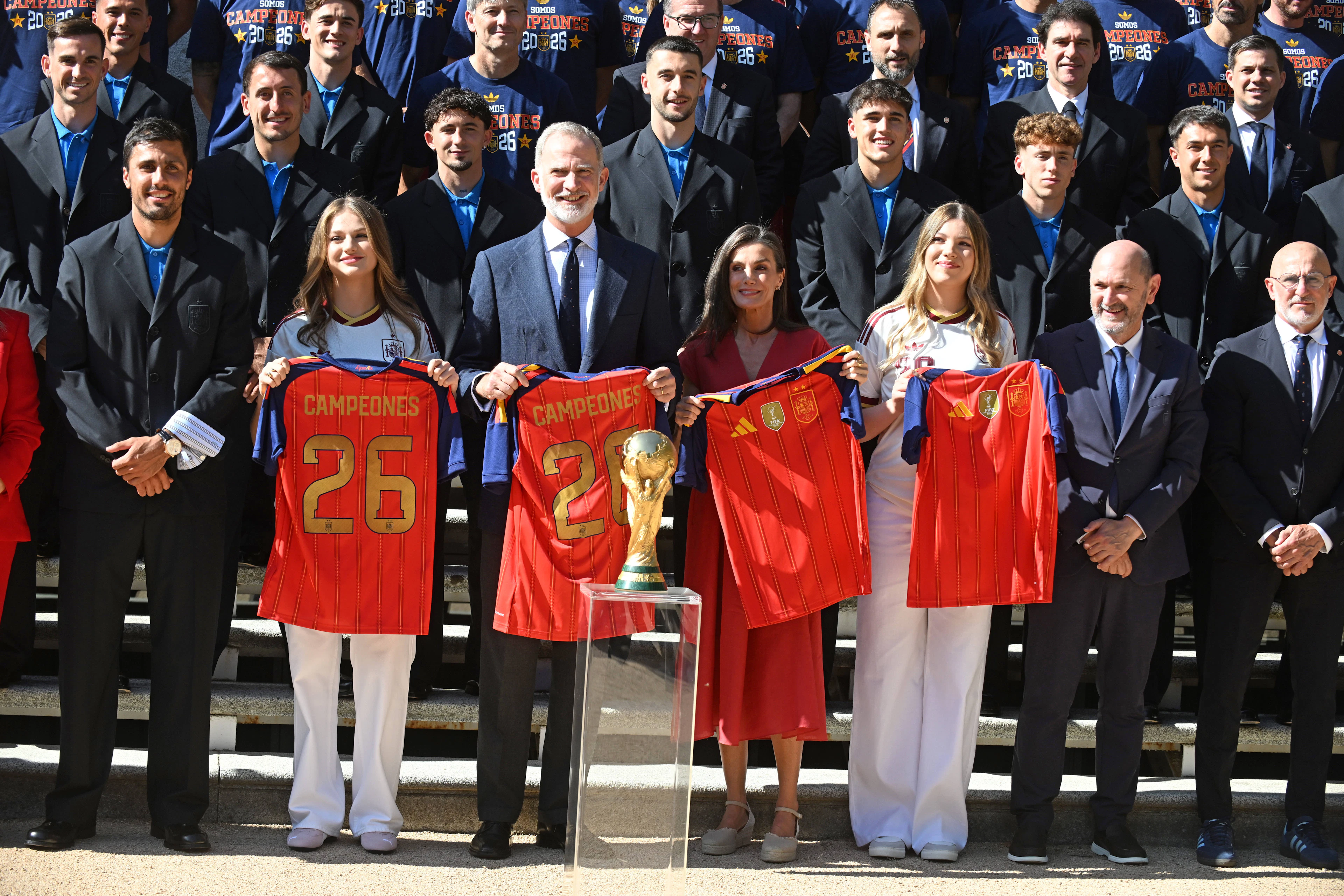 King Felipe VI of Spain, his wife Letizia, and their daughters Leonor and Infanta Sofía are celebrating the World Cup victory with the players and staff.