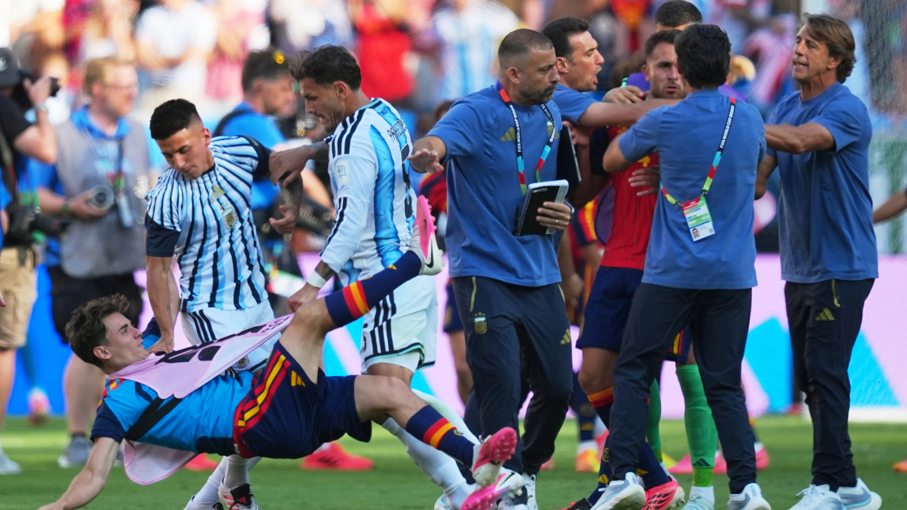 A scuffle broke out after the final whistle of the Spain-Argentina game.
