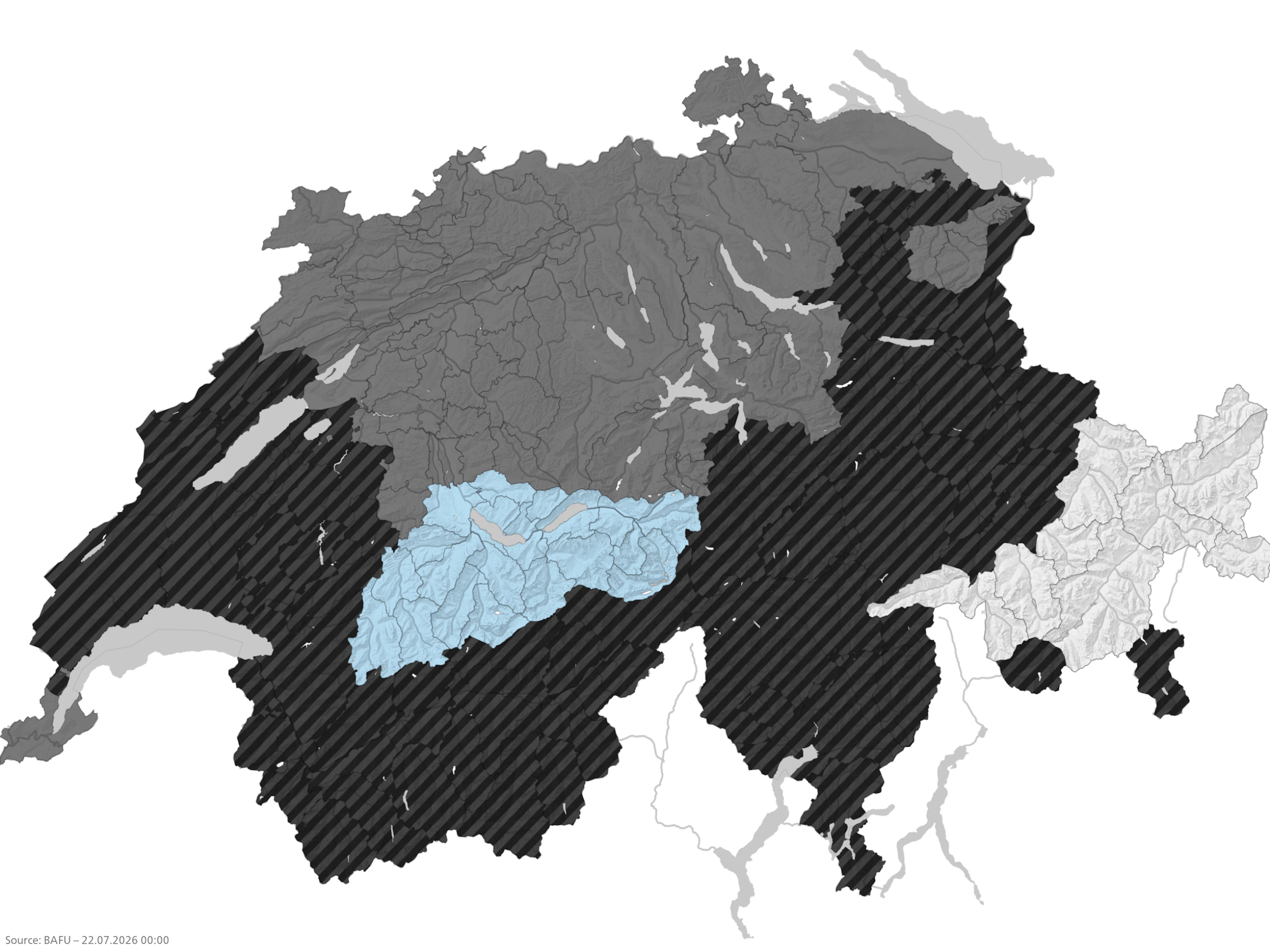 The Federal Office for the Environment's map of measures at the cantonal level. Light gray: no measures; light blue: warning; dark gray: fire ban near forests; gray hatched: absolute fire ban.