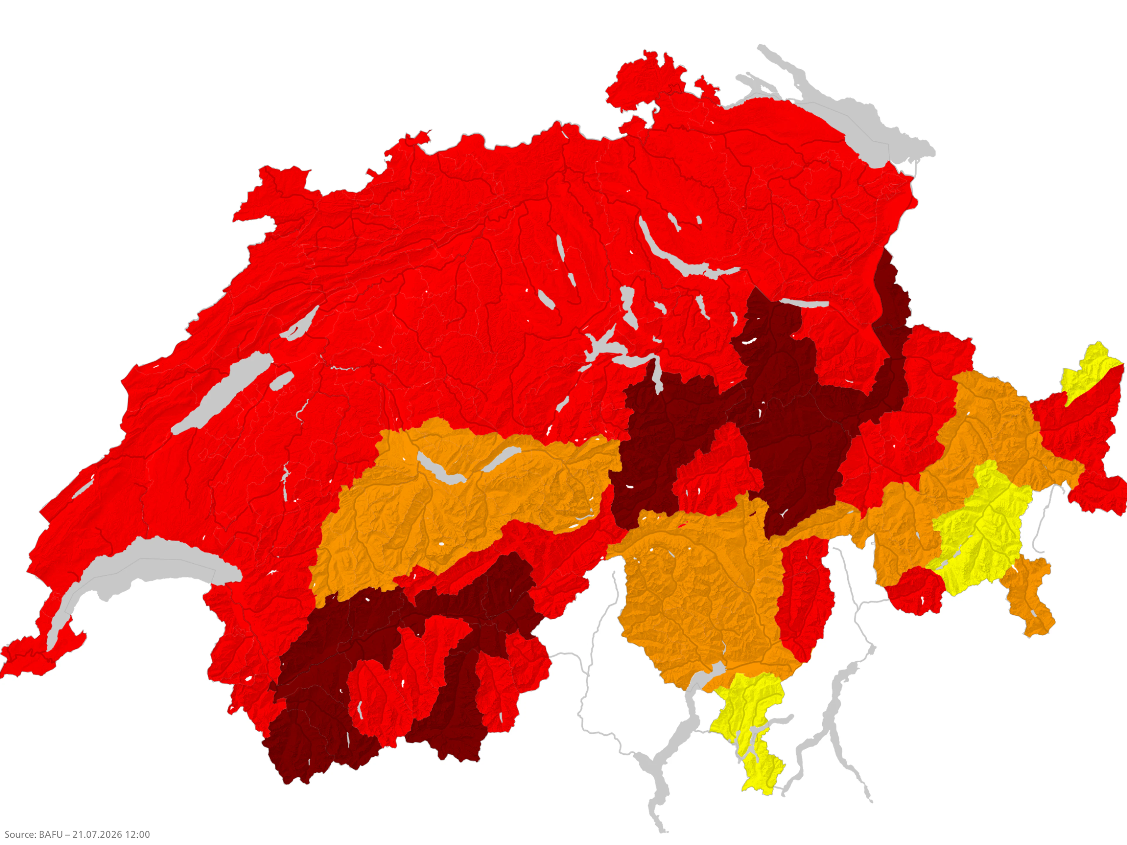 The Federal Office for the Environment's hazard map. The darker the color, the greater the hazard.