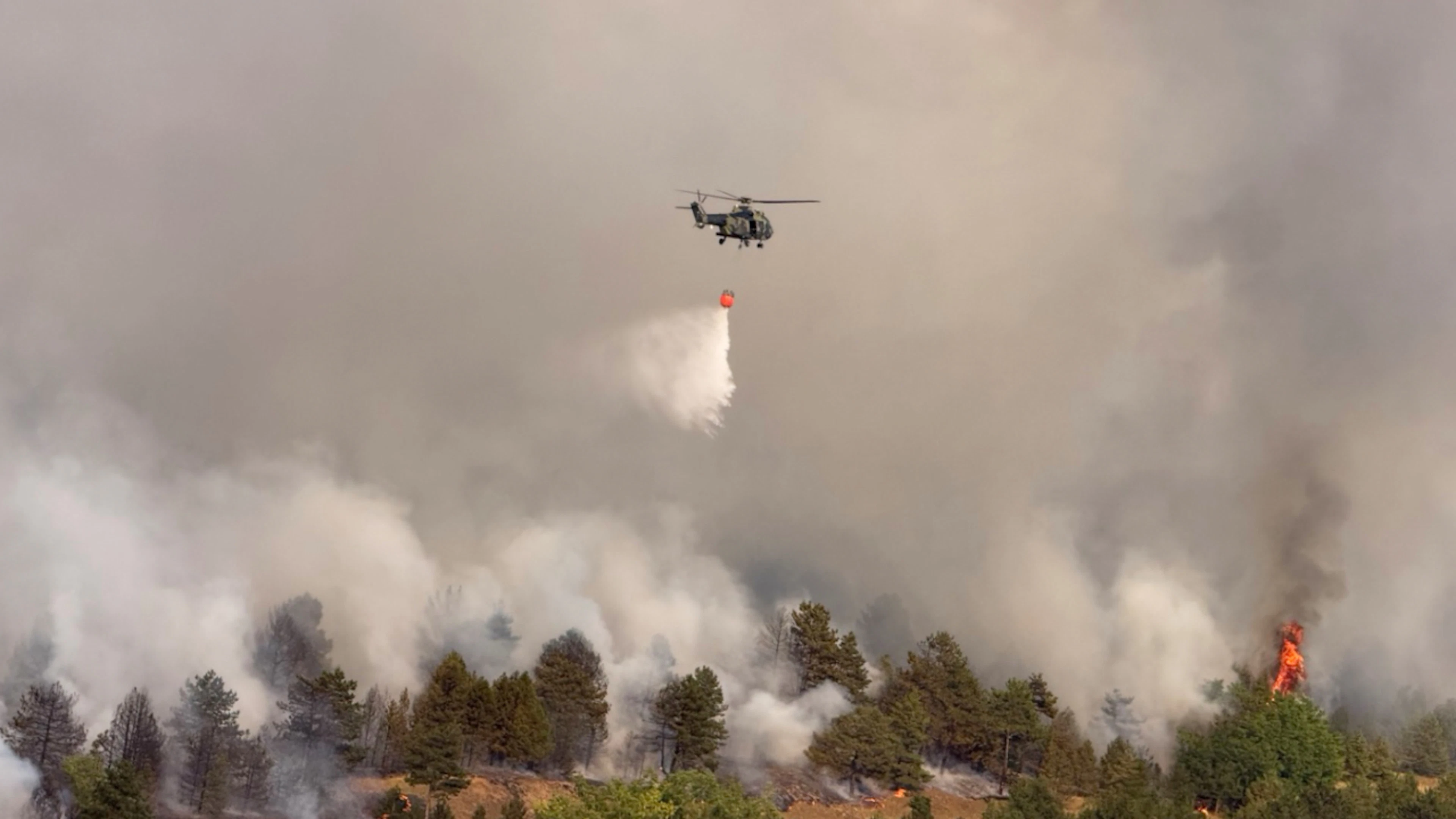 dpatopbilder – In this photo provided by the Serbian Ministry of the Interior via AP, a Serbian police helicopter is fighting a fire in the Banat Sand Desert, also known as Deliblatska Pe·cara, 70 kilometers northwest of Belgrade. Photo: Serbian Ministry of the Interior/dpa