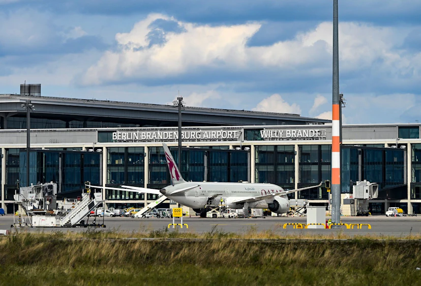 Police and travellers at Berlin Brandenburg Airport during a precautionary evacuation